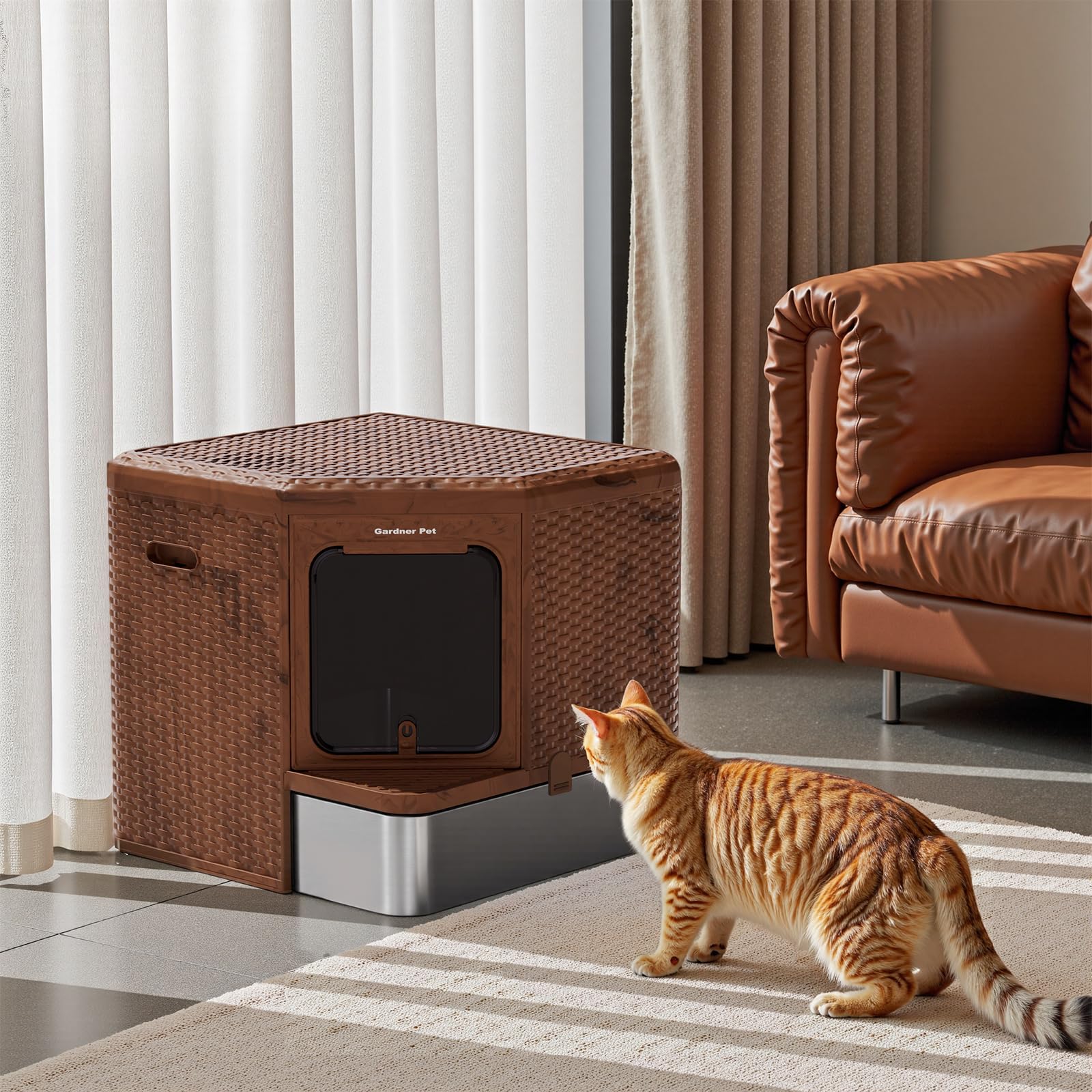 Gardner Pet Katzentoilette, 50x50x50 cm, Edelstahl Tablett, Rattan-Optik | Ausziehbares Edelstahl-Tablett, Für große Katzen, Aktivkohlefilterfunktion