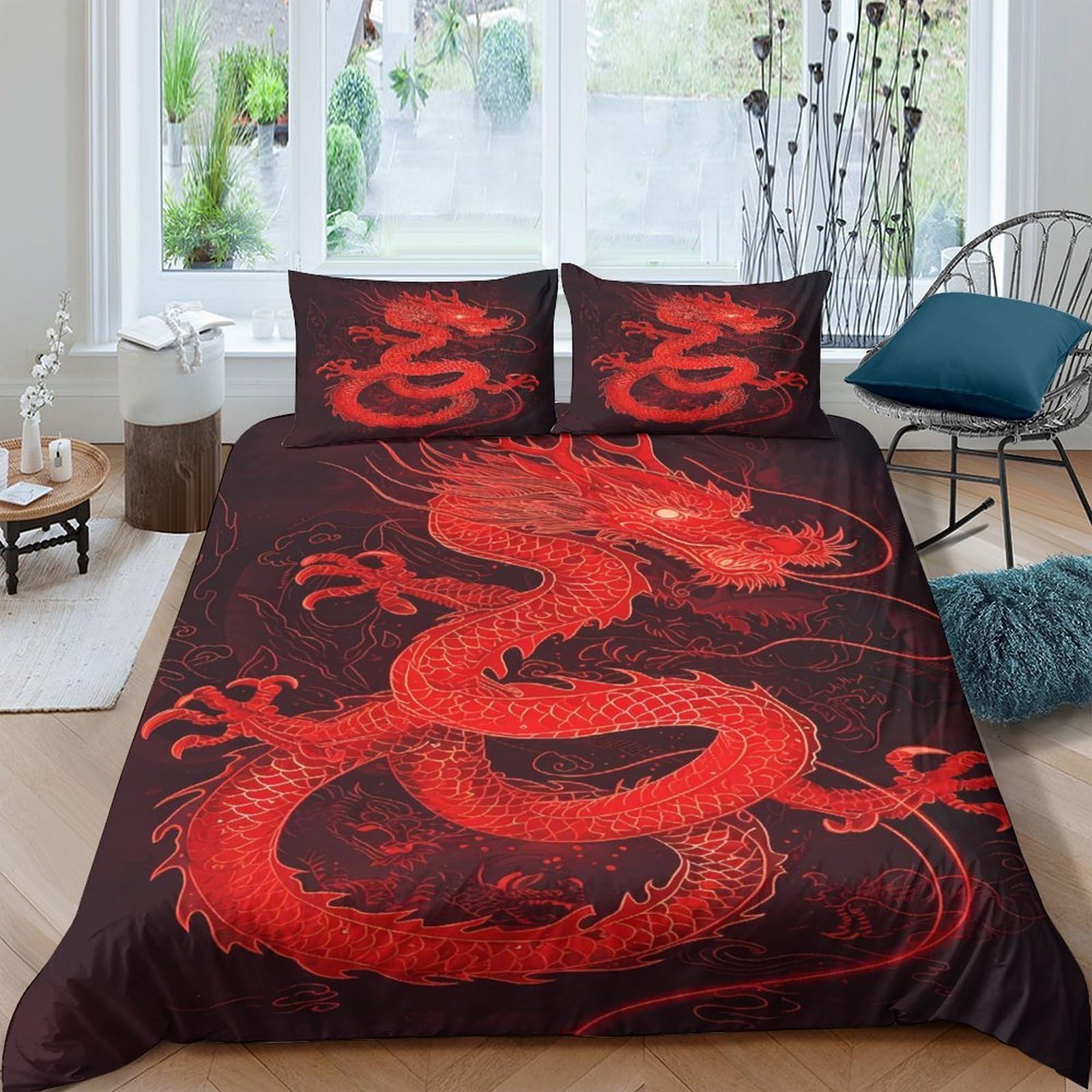 Ctjqhvkz Style-4 3D Printed Red Dragon Fitted Sheet Microfiber Black Asian Style Bed Cover For Bedroom Guest Room Decor Single（135X200cm）