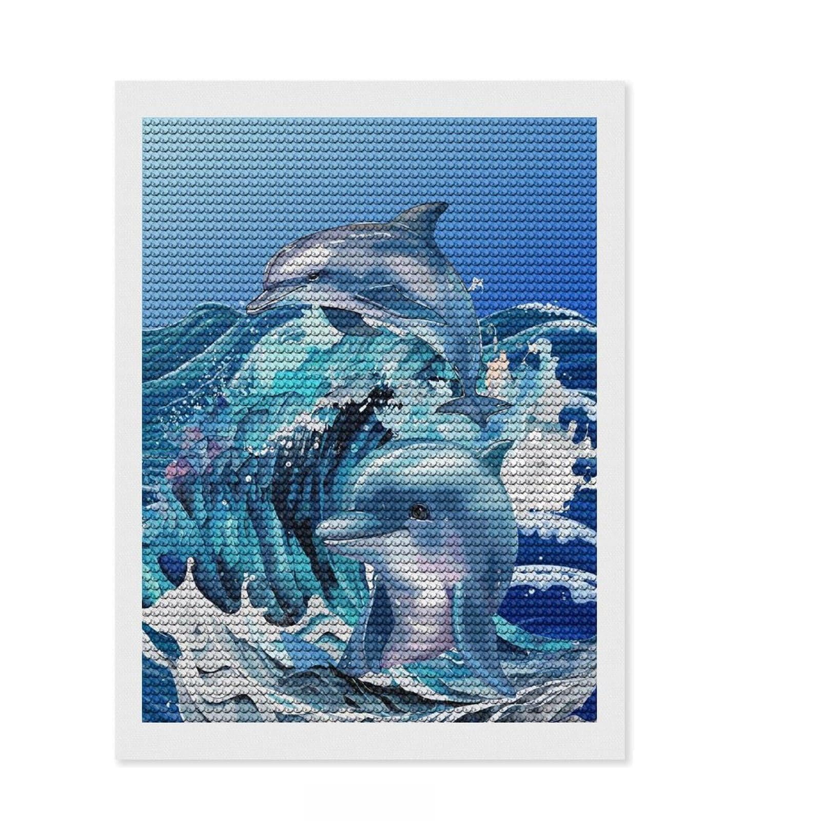 Junmoney Dolphins in The Surf Diamond Painting Set 12"x16", Adhesive Canvas, Finish and Display, Office Decor, Birthday Gift, Sparkling Round Gems