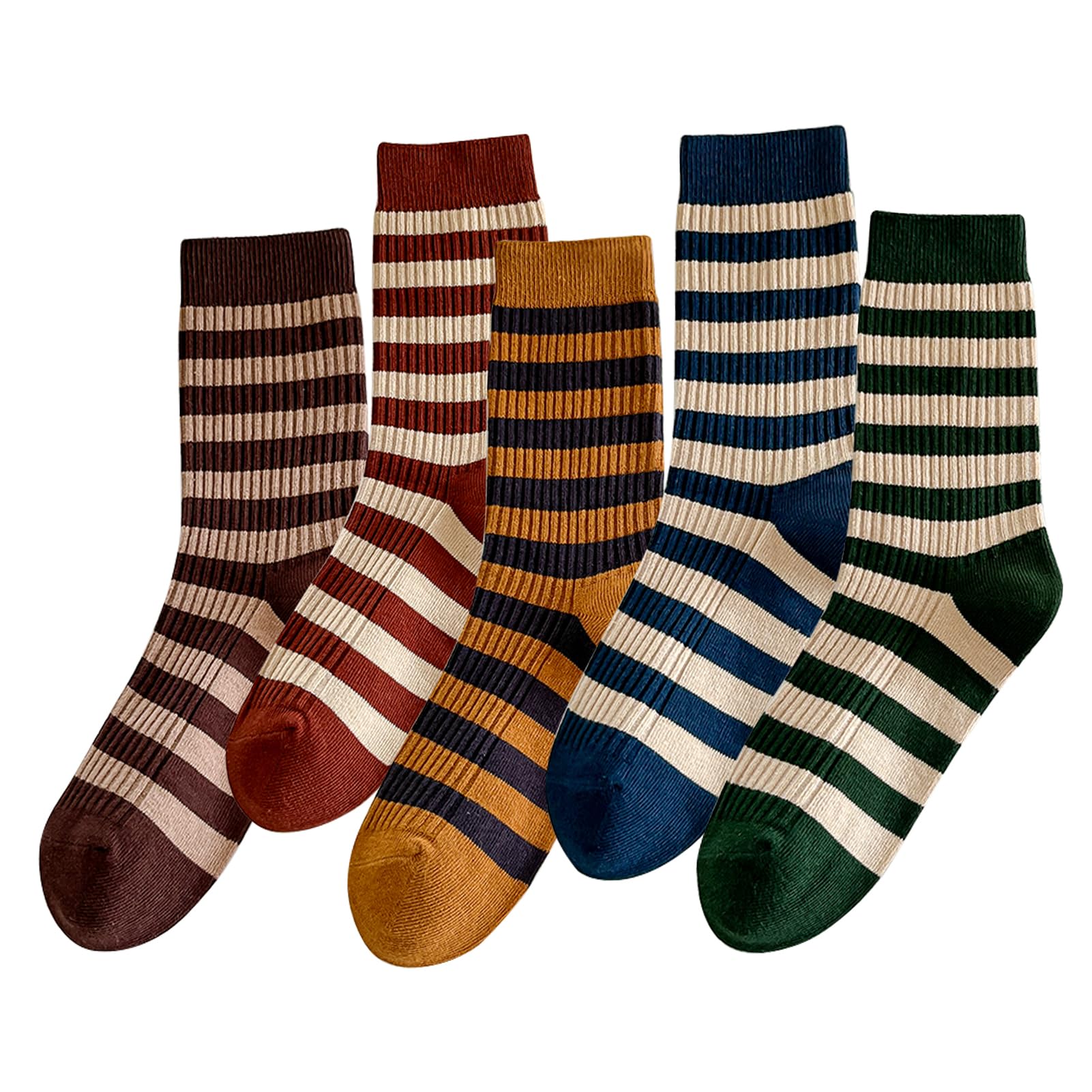 MTKAEWU 5 Pairs Vintage Style Colorful Striped Socks, Cute Athletic Crew Socks for Women