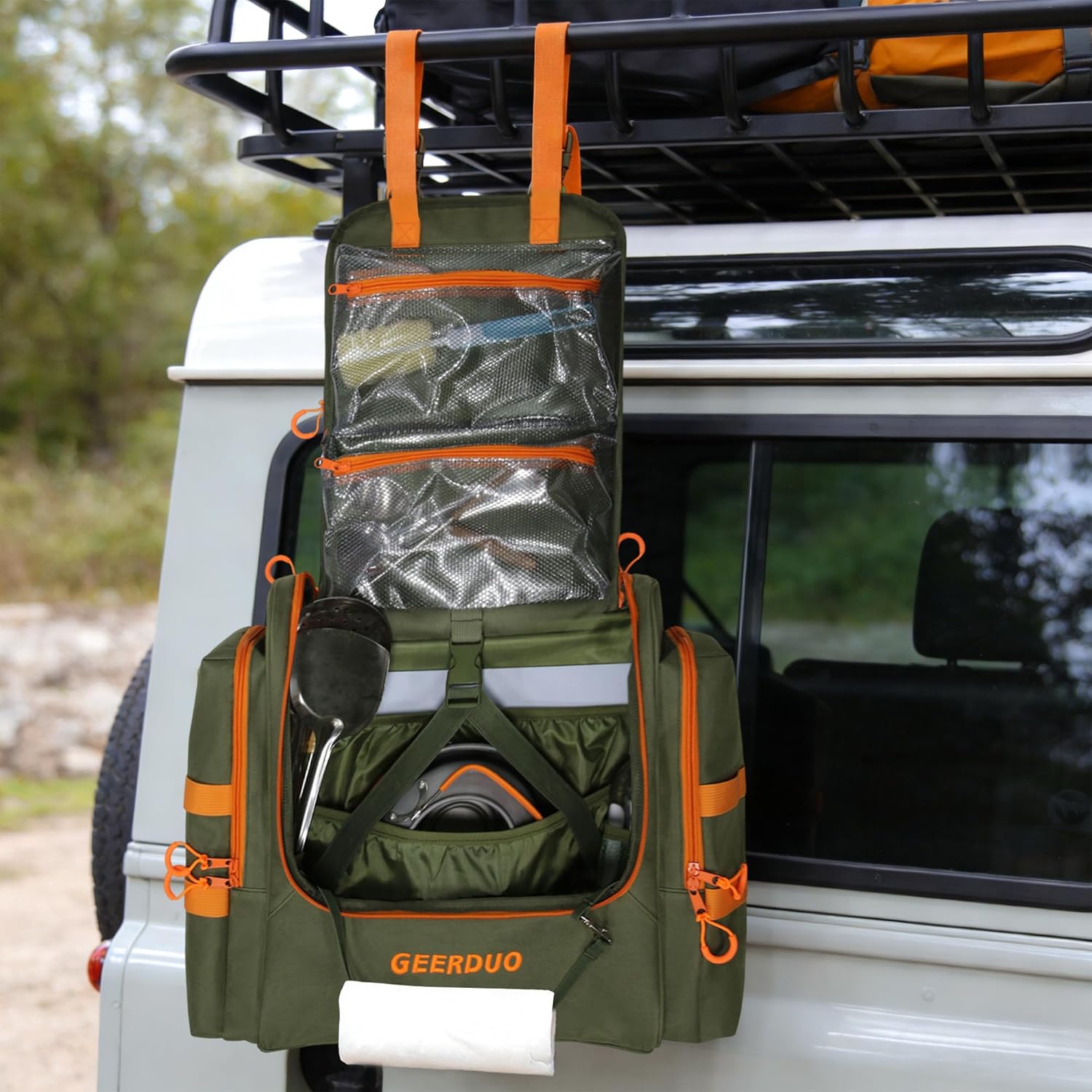 Tactical Camp Kitchen Organizer, Large Camping Utensil Storage Bag with Paper Towel Holder & Multi Pockets, Hanging Outdoor Cookware Organizer for Overlanding