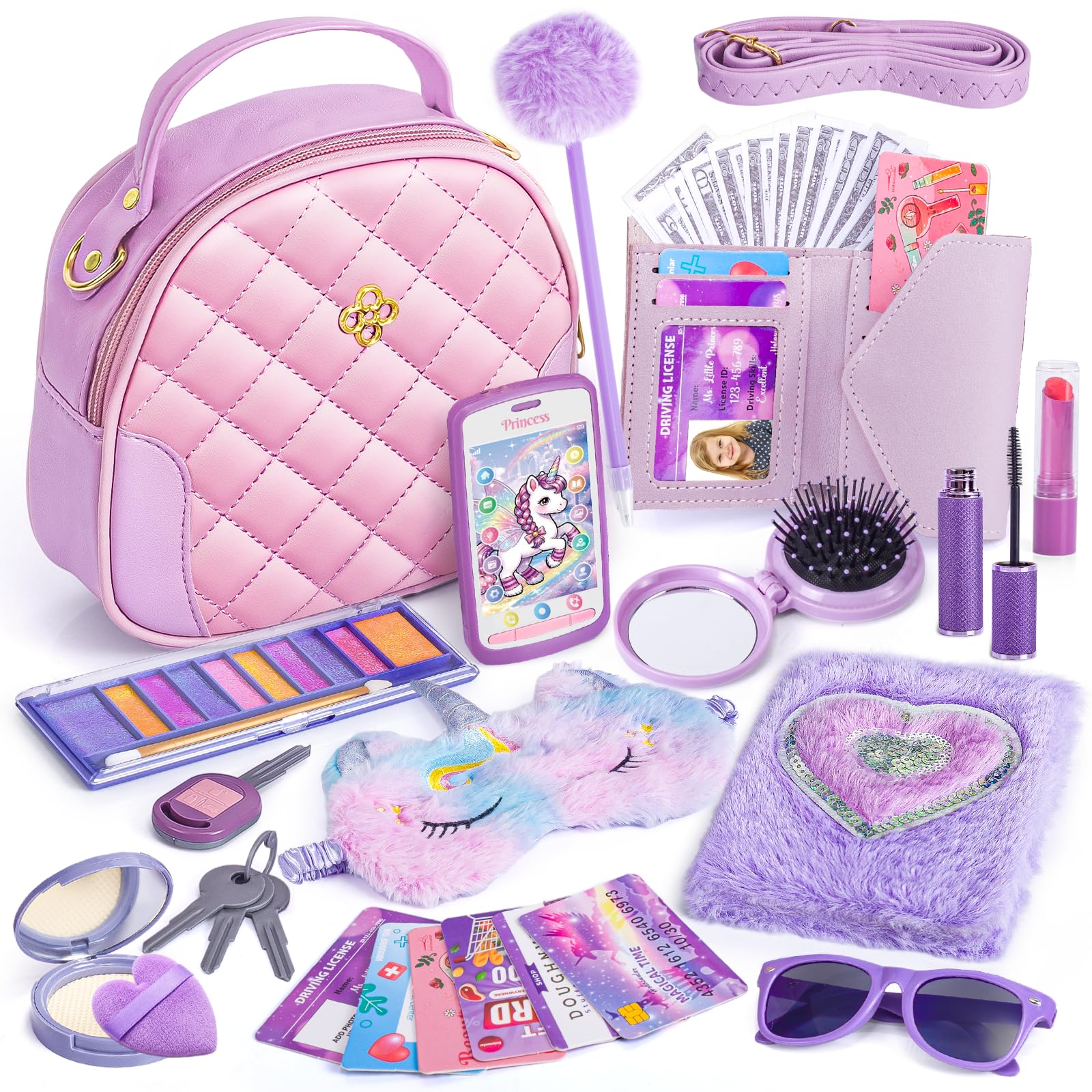 Petite Fille Sac à Main avec Accessoires, Mon Premier Ensemble de Sac à Main - Jouer Maquillage Journal Masque pour Les Yeux Portefeuille Jouet téléphone clés Lunettes de Soleil, Licorne Jouet 3+ Ans
