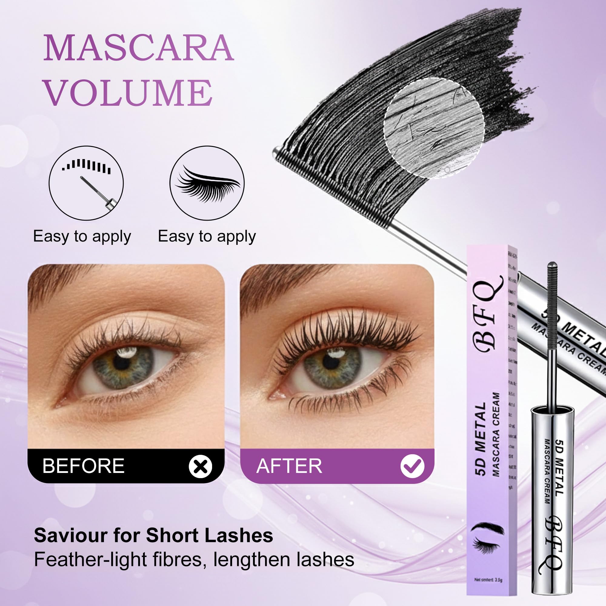 Iron Wand Mascara, 5D Curling Eyelash Iron Mascara with Washable Metal Wands, Waterproof Mascaras Black Volume and Length, Long-lasting Smudge Proof Mascaras for Lengthening Volumizing Eyelashes (1) — view 2
