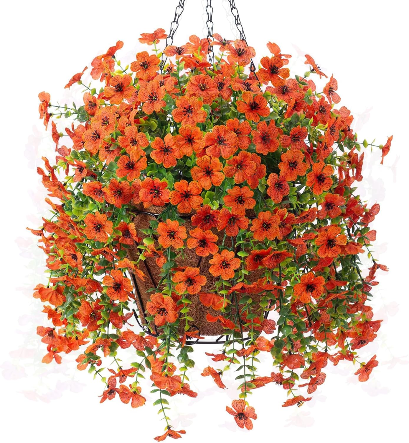 Artificial Fake Hanging Flowers Plants with Basket for Outdoor Decor, Fake Flower Plants No Fade Plastic Faux Silk Daisy Flowers Hanging Decoration for Farmhouse Home Garden Porch Patio(Orange)
