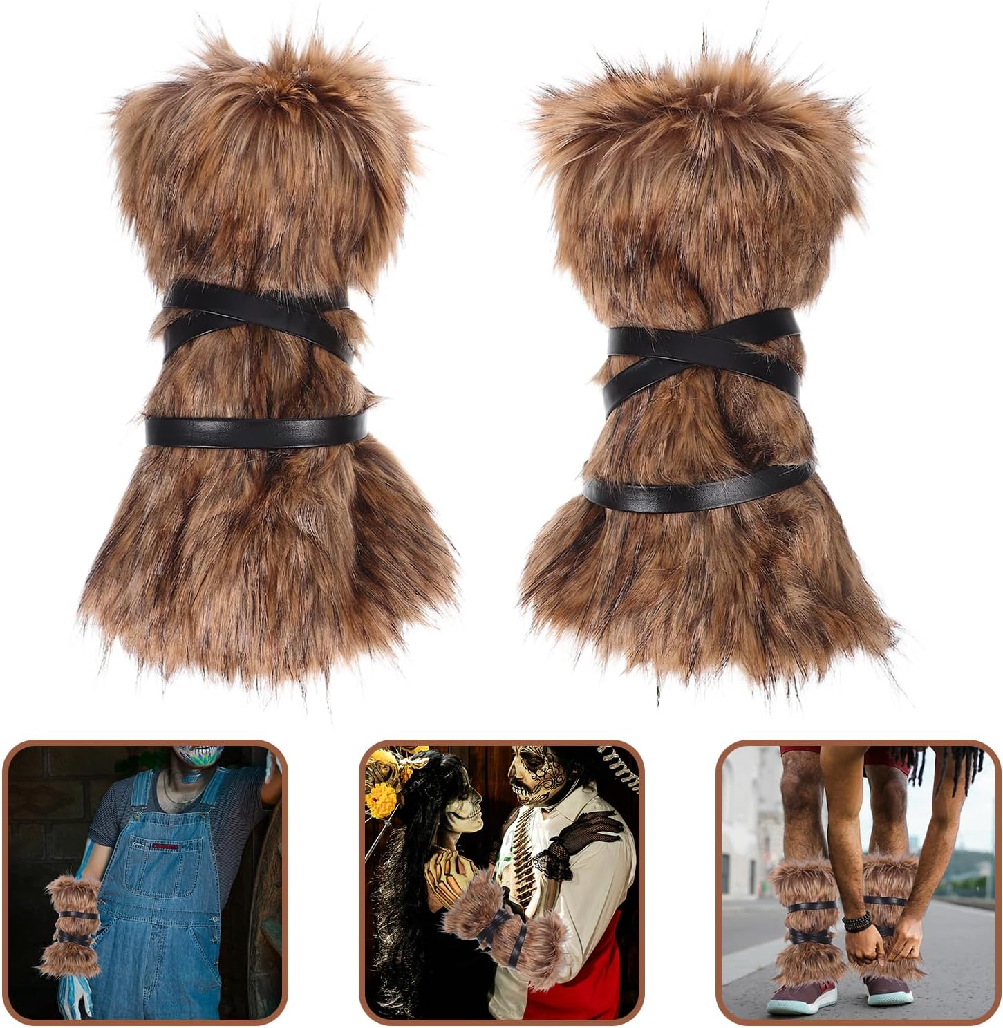 LOGOFUN 2Pairs Viking Style Faux Fur Leg Warmers Fluffy Boot Covers Medieval Costume Accessories for Role Play Winter Party Supplies - Brown