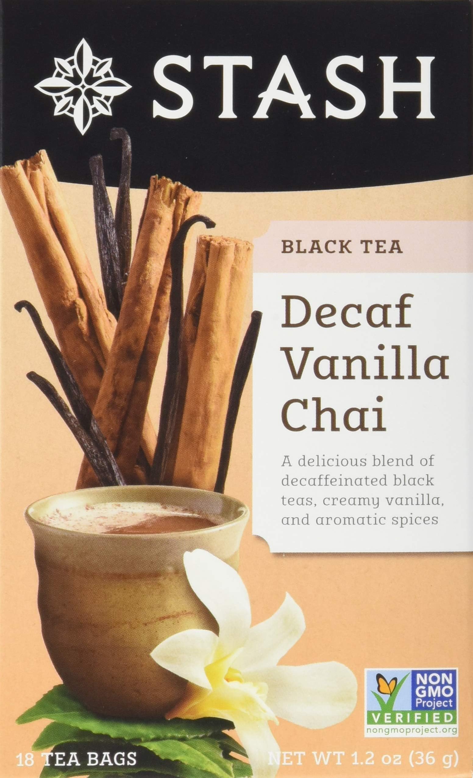 StashTea Decaffeinated Vanilla Chai Black 18 Count Box (Pack of 6)