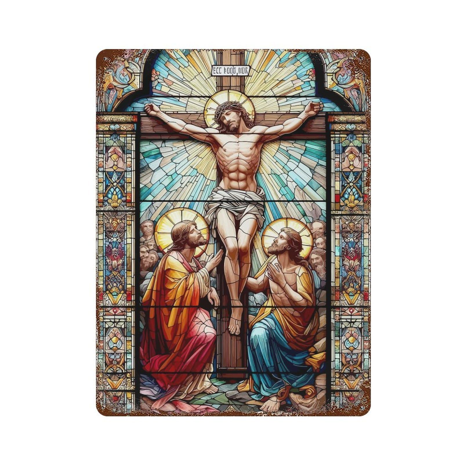 Stained Glass Jesus Distressed Metal Wall Sign 15.7"x11.8", for Farmhouse, Kitchen And Entryway Decor, Rustic Home Decor