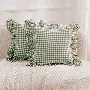 2 Pack Sage Green White Plaid Ruffled Throw Pillow Covers 18x18 inches,100% Cotton Gingham Pillow Shams, Farmhouse Checkered Ruffle Throw Pillow Cases for Couch and Bed, Sage Green/White Plaid