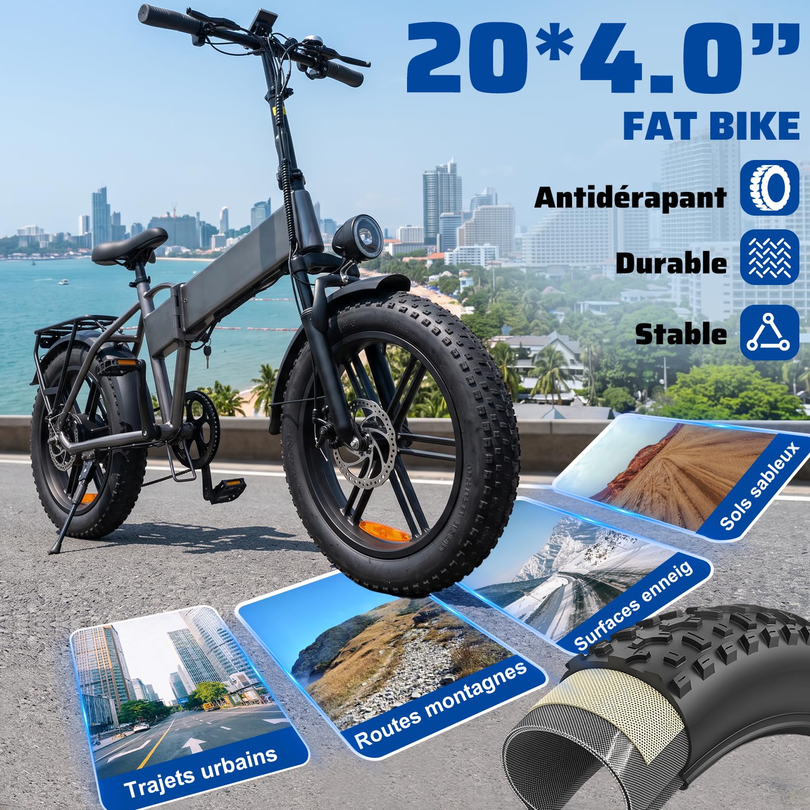 TODIMART Vélo Électrique Pliable 250W Fat Bike 20", Batterie 48V 13Ah