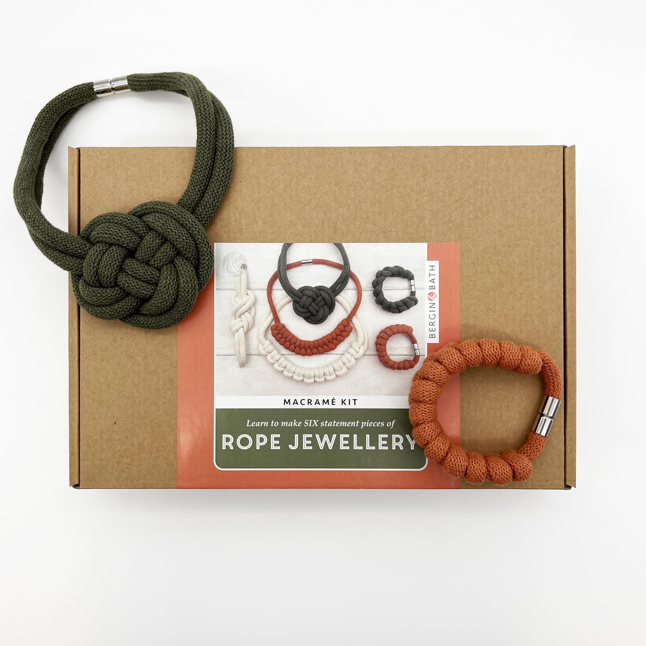 Bergin & Bath Macrame Kit, Rope Jewellery - Terracotta, White and Avocado - Learn to Make SIX Stylish Necklaces and Bracelets - Gift for her