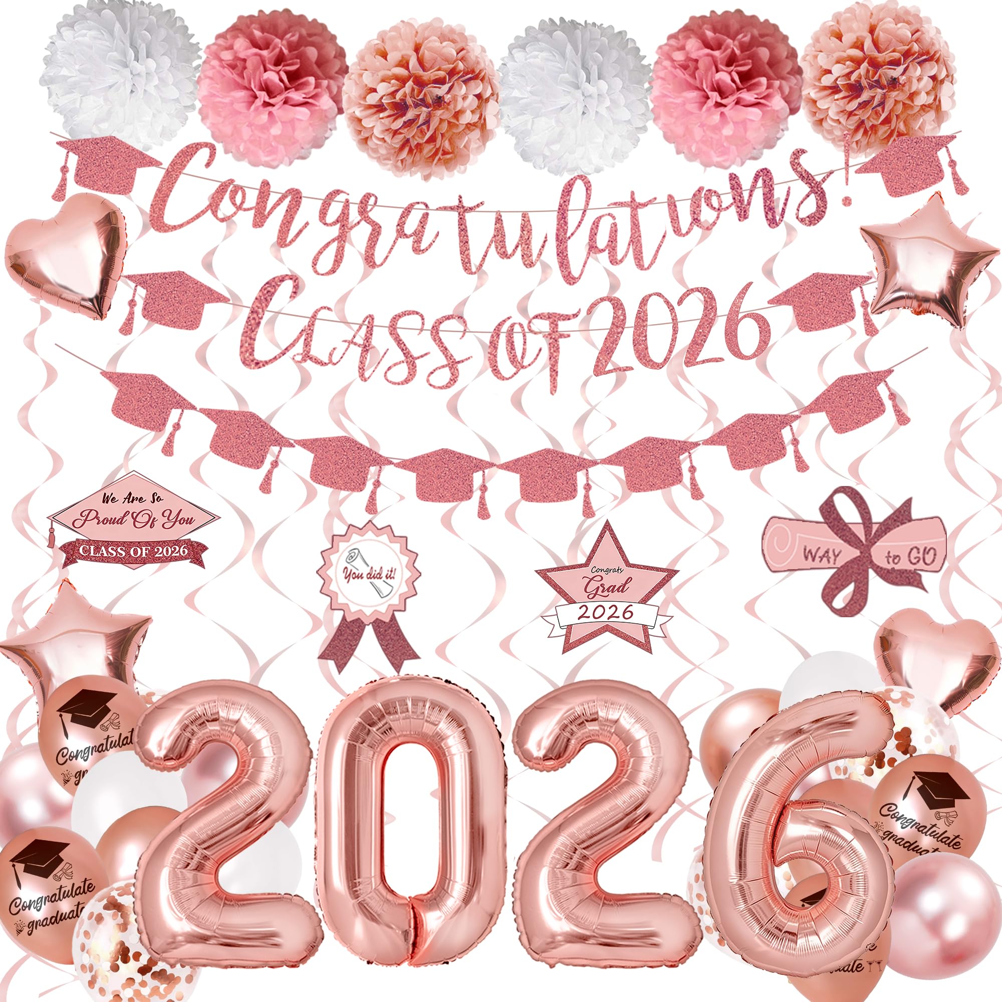 Ouddy Life Pink Graduation Decorations Class of 2026, Rose Gold Graduation Decorations with Congratulations Bachelor Cap Banner Balloons Pompoms