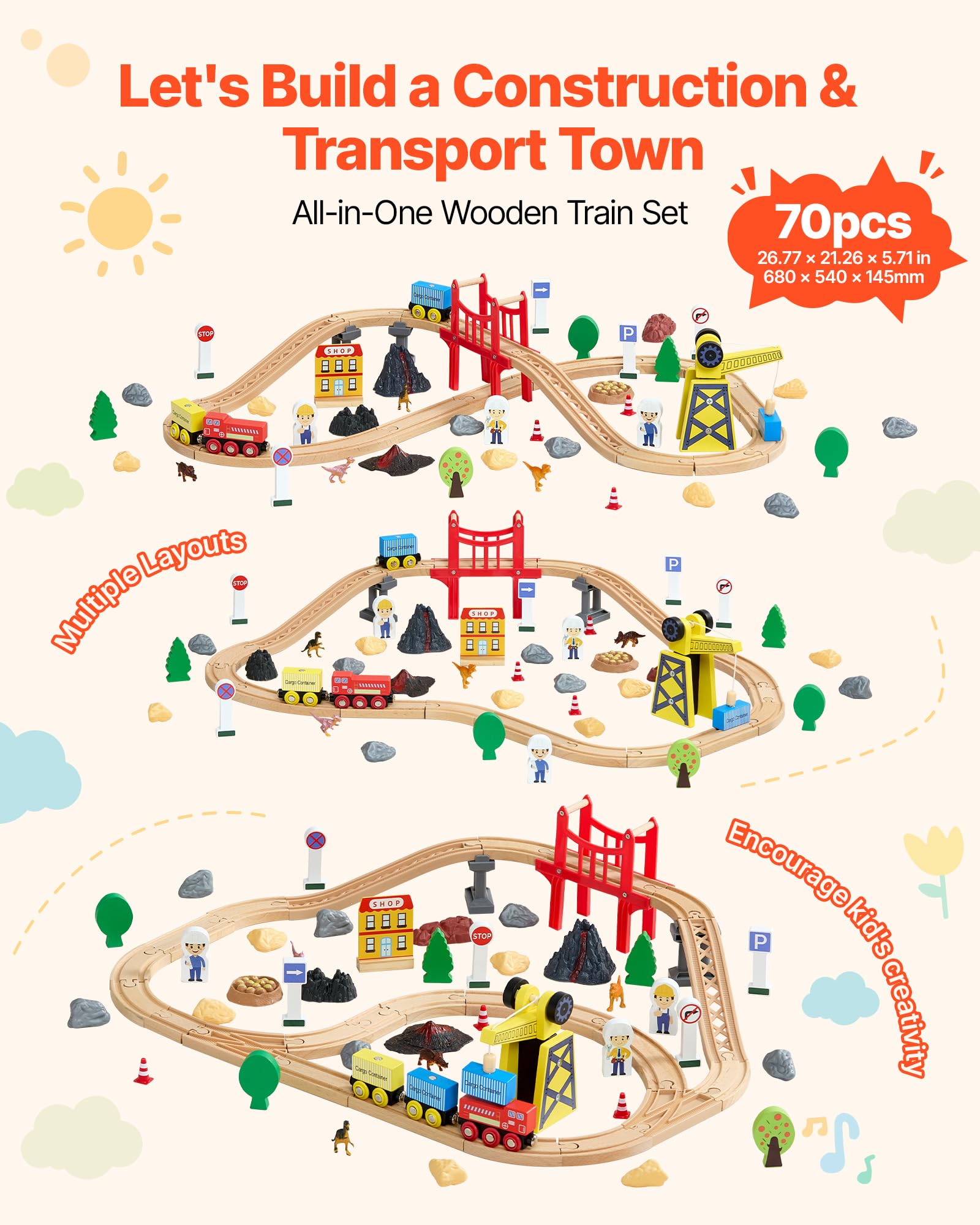 VEVOR Juego de Tren de Madera con Pistas, 70 Piezas con Accesorios, Grúa Magnética Camión Dinosaurio, Diseños Múltiples, Set Educativo, Juguete Compatible con Marcas Principales para Niños 3 a 8 Años