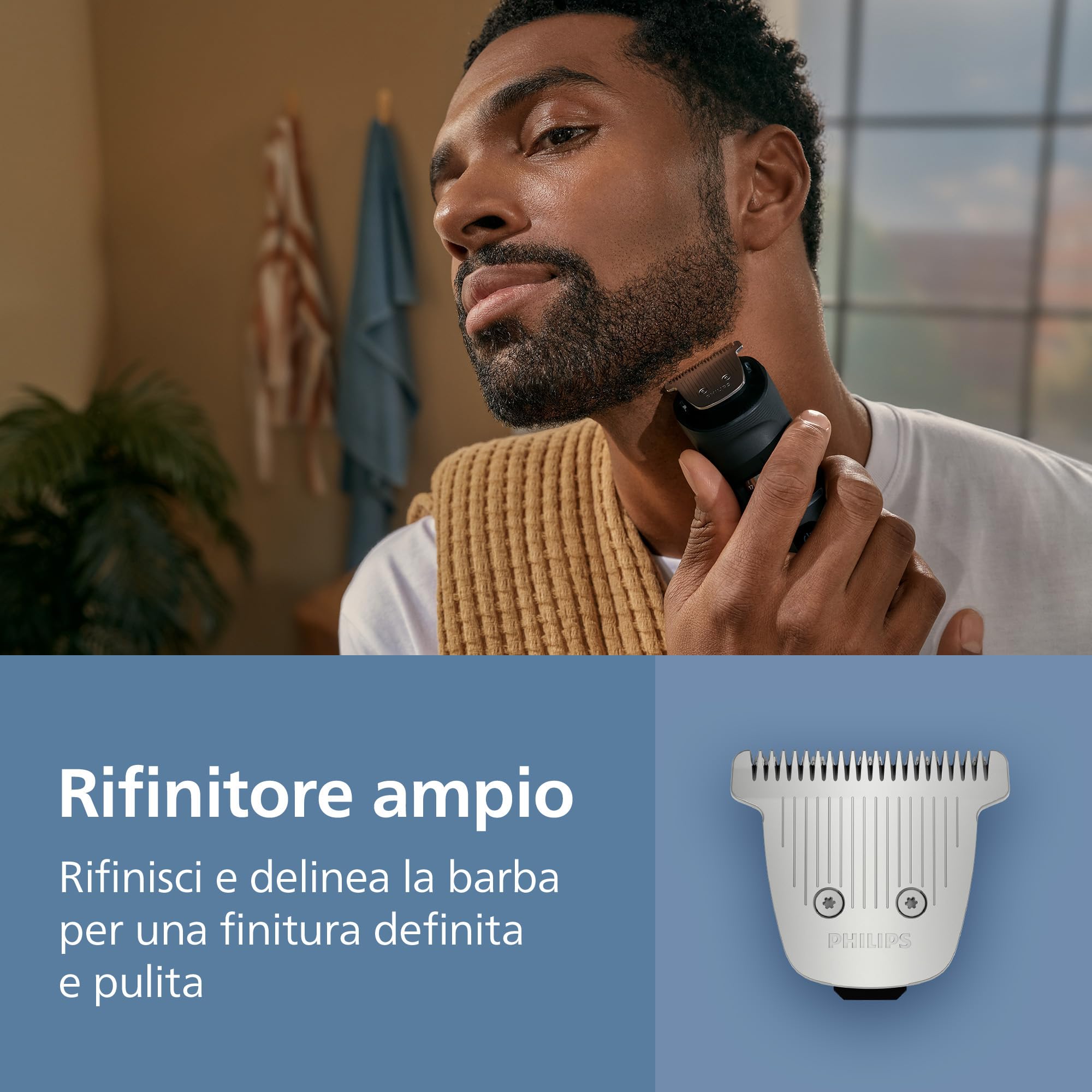 Regolabarba Philips serie 7000 - Lame in metallo autoaffilanti, 40 impostazioni di lunghezza, tecnologia BeardSense, raccoglitore per peli, 100% impermeabile, rifinitore ampio, modello BT7670/15