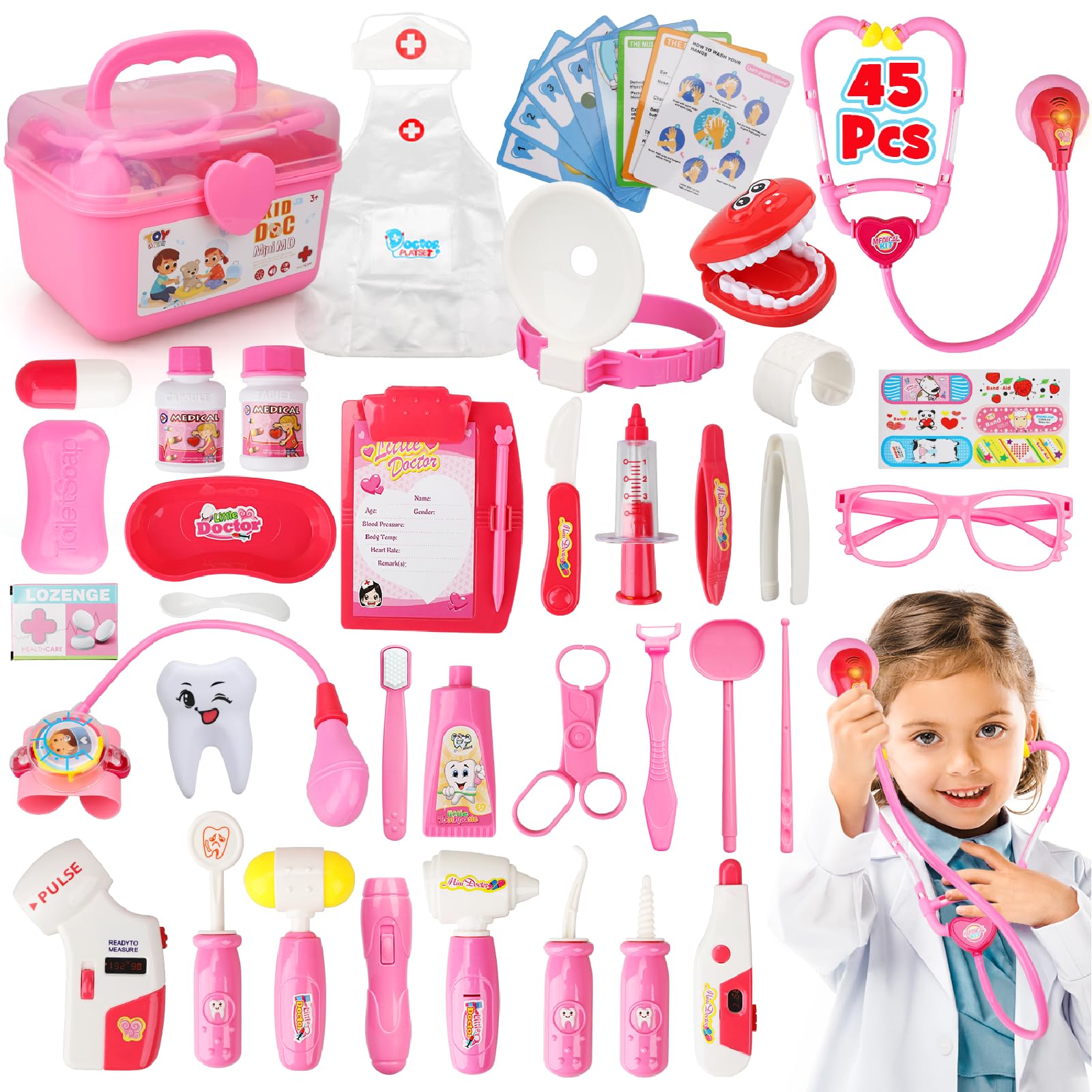Doctor Kit for Kids Girls, 45 Pcs Kids Doctor Kit for Toddlers 3-5 with Medical Storage Box & Stethoscope, Pretend Play Doctor Set for Fun Role Playing Game, Doctor Play for Kids Boys Girls