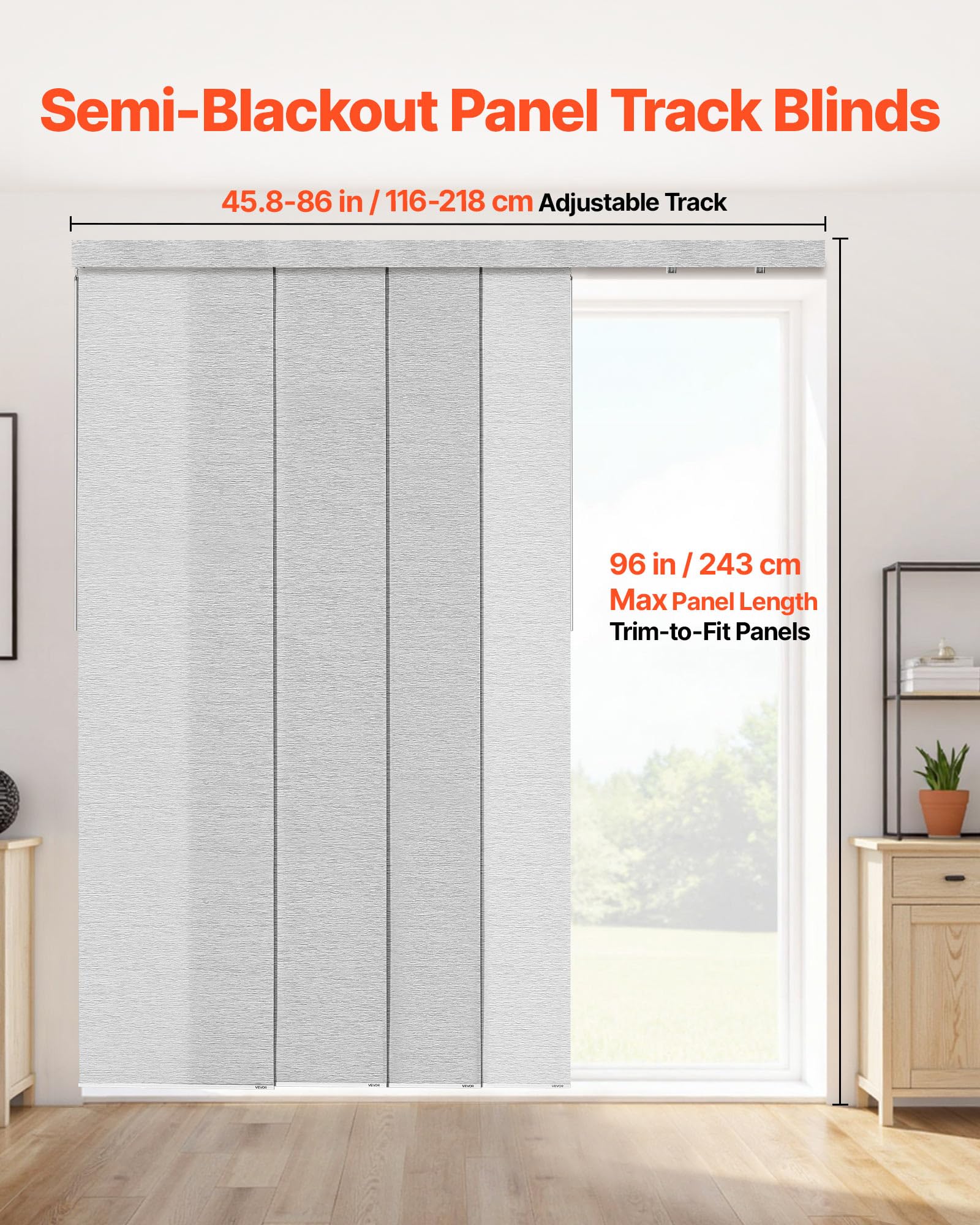 VEVOR Store à Panneaux sur Rail Extensible 116-218 cm de Largeur, Panneau Japonais Vertical Ajustable jusqu'à 243 cm de Hauteur, pour Portes Coulissantes, Séparation de Pièce, Fenêtres, Gris