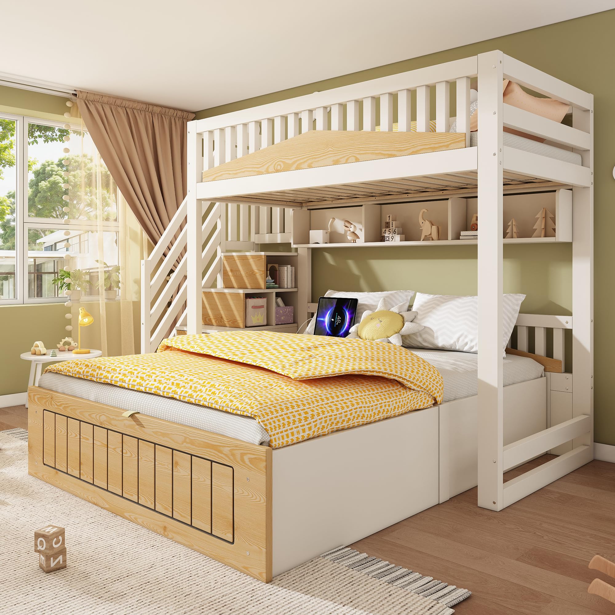 Letto a Castello per Bambini 90x200 e 140x200cm con Contenitore Idraulico, Porta USB-C, Scala di Stoccaggio e Mensole Sospese, Struttura del letto in Legno(Senza materasso)