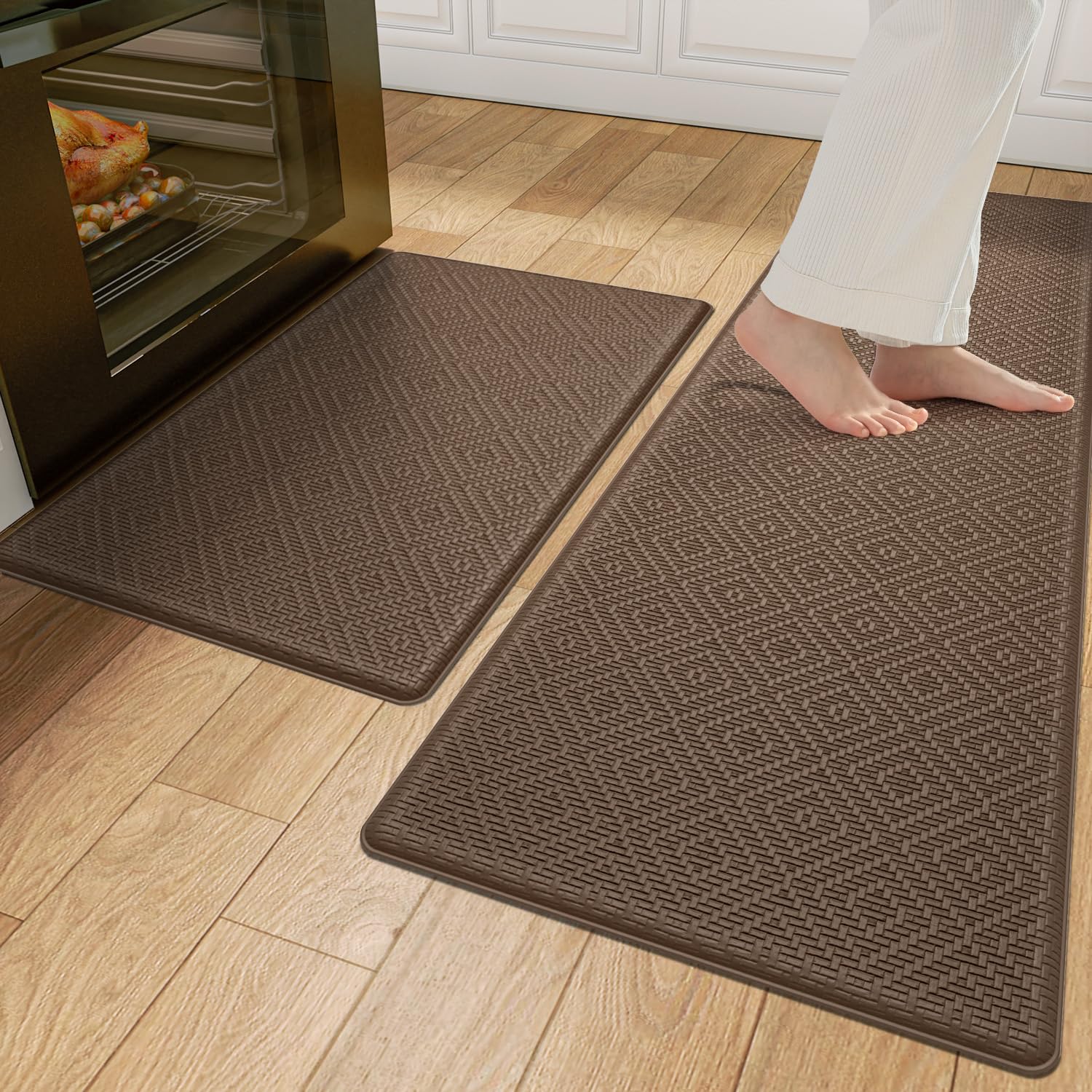 DEXI Alfombra Cocina Vinilica, Antideslizante y Lavable, Resistente al Aceite e Impermeable, 2 Piezas PVC Alfombras Antifatiga para Oficina, Lavadero, Comedor, 44x75cm + 44x150cm, Marrón