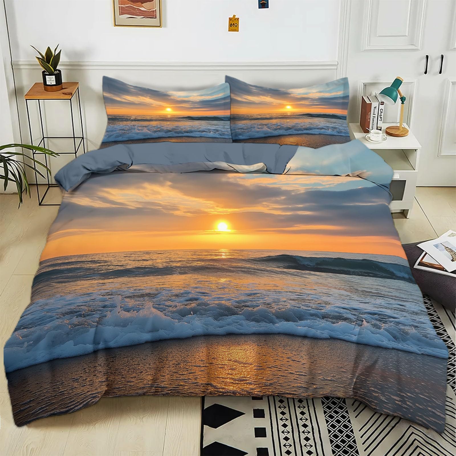 Generico Set Copripiumino Singolo Matrimoniale 240x220 cm Tramonto Vista Mare Copripiumino con 2 Federa 50x80 cm in Poliestere Cotone, Set Biancheria da Letto Morbido Anallergico