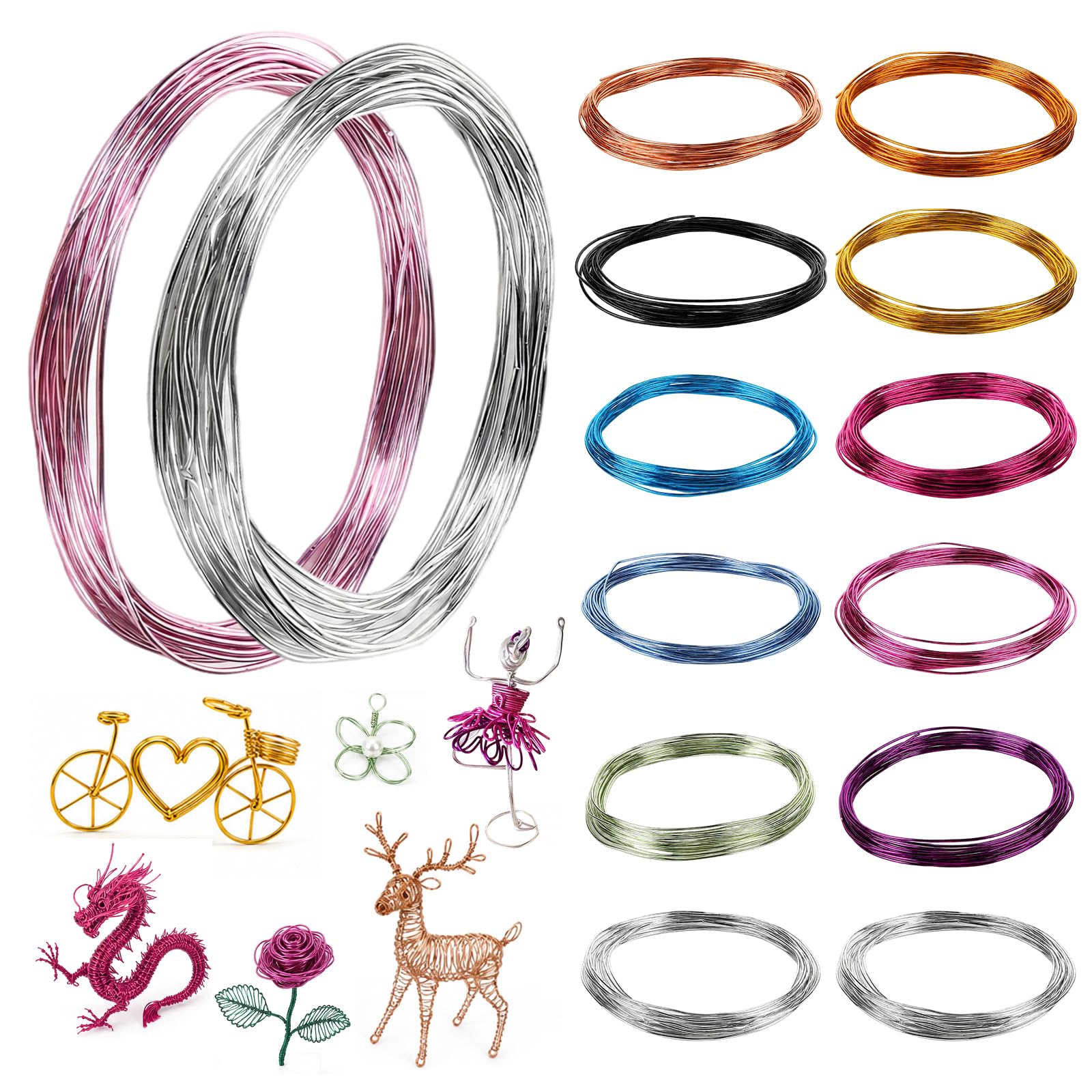 14 Rollers Aluminum Craft Wire, 12 Colors, 5 m × 1 mm, Flexible, Colorfast