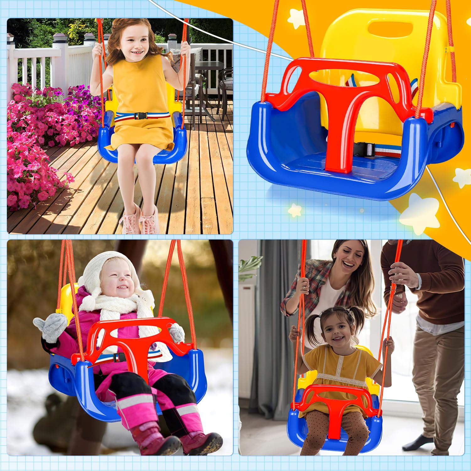 Altalena per bambini 3 in 1 fino a 50 kg, seggiolino rimovibile, regolabile in altezza, altalena per bambini che cresce con il bambino per esterni e interni