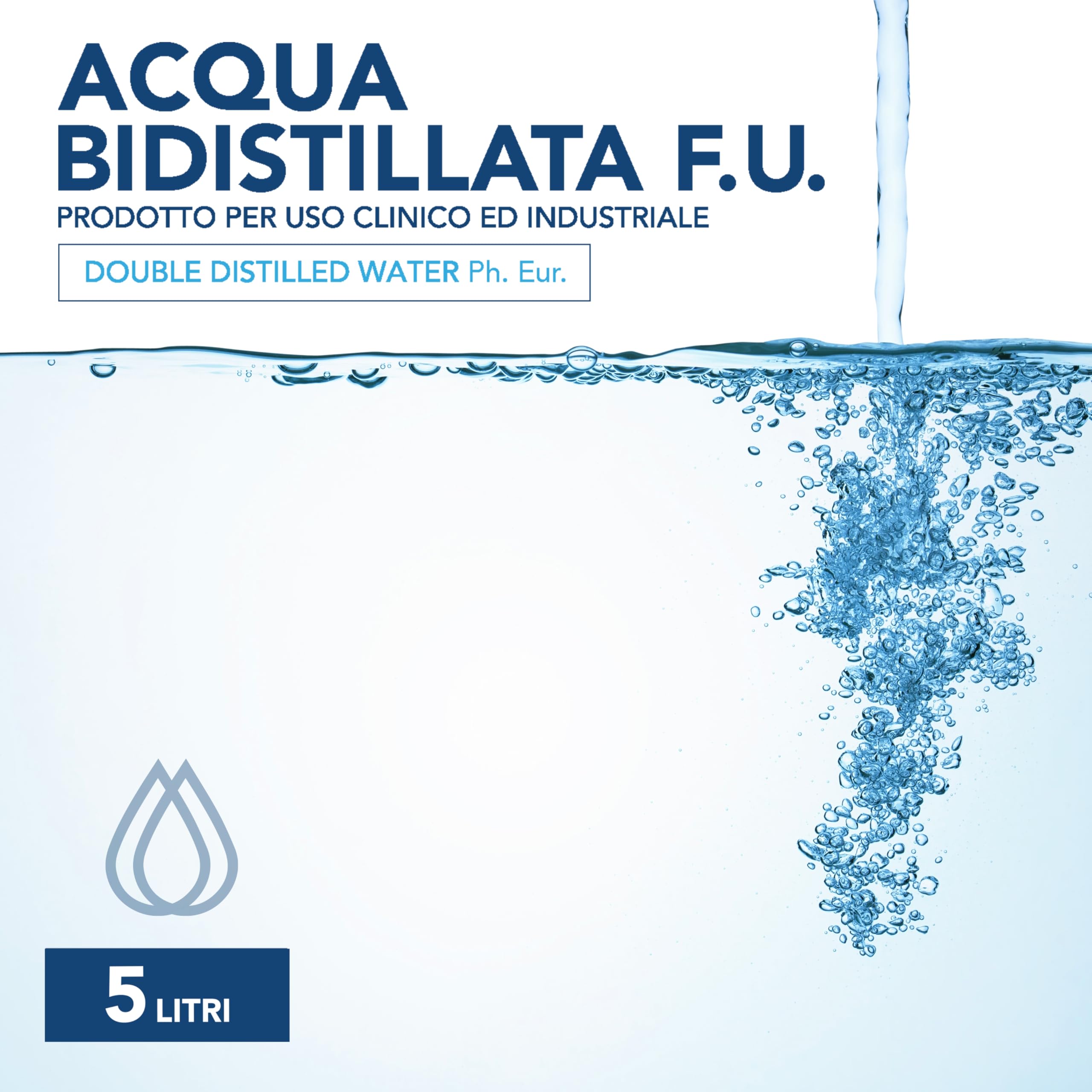 AIESI® Acqua Bidistillata F.U. pura (5 litri) per uso clinico ed industriale, Distillata due volte, Demineralizzata, Made in Italy