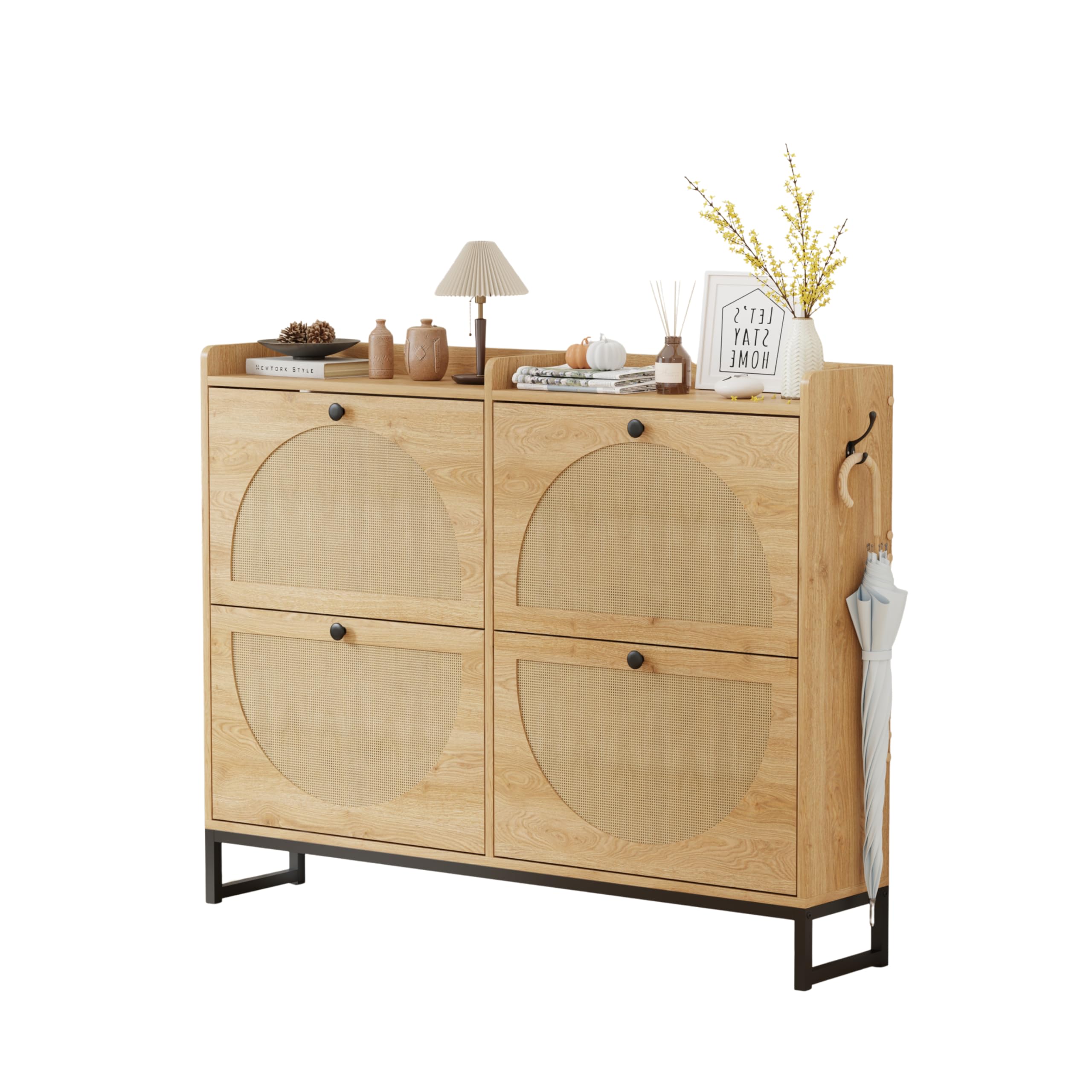 FUSIDE Rattan Flip Shoe Cabinet with Side Hook, 4-Door Shoe Organizer Shoe Freestanding with Top Shelf,Shoe Cupboard for Hallway, Living Room, Gateway,Wooden Entryway Storage Unit (Natural)