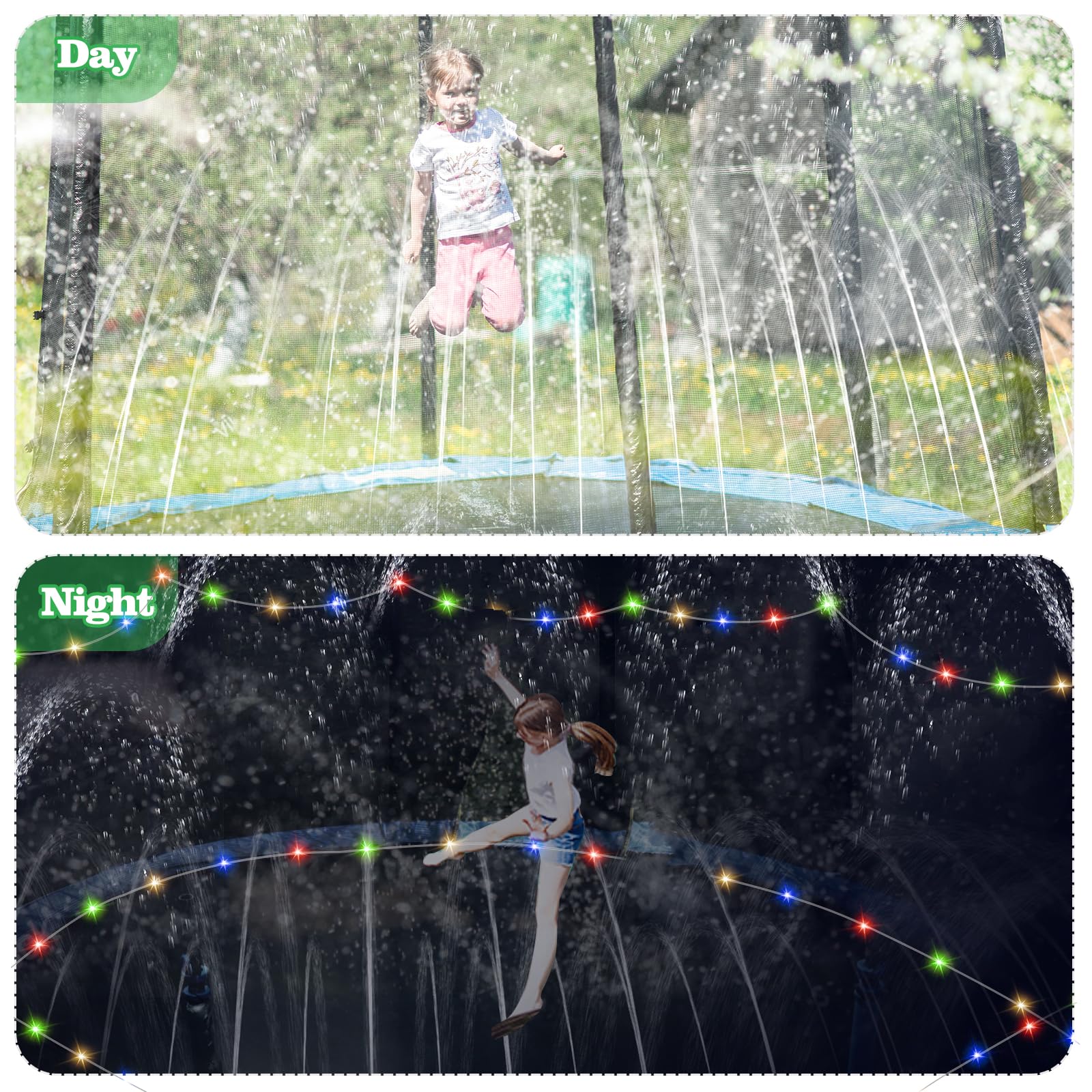 39.4ft Outdoor Trampoline Water Sprinklers with 39.4ft LEDs Trampoline Lights,Kids Water Plays Sprinklers Trampoline Accessories, Backyard Water Park Toys for Boys Girls