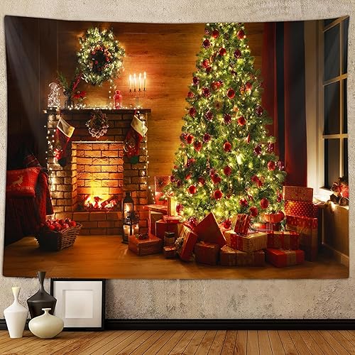 Miniatura 1 de Tapiz de árbol de Navidad, chimenea de Navidad, chimenea, lugar de Navidad, tapiz de Papá Noel, tapiz artístico para colgar en la pared para sala de