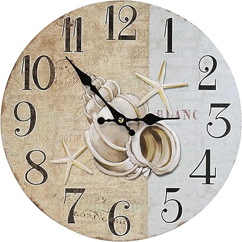 Miniatura 2 de Reloj de pared de madera de estrella de mar de concha decorativo de 13 pulgadas para decoración temática de playa para cocina, baño, oficina,
