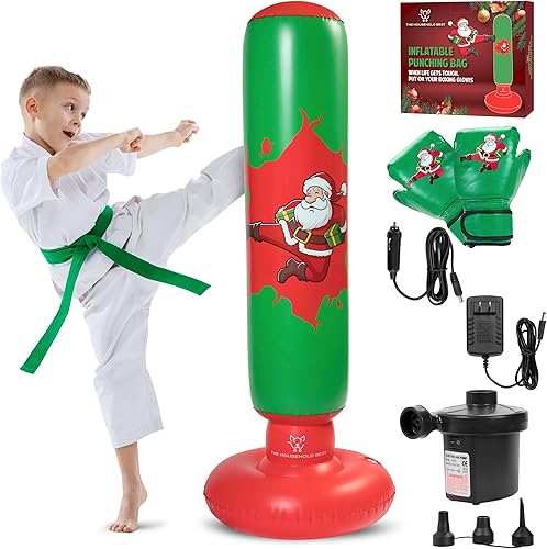 THB - Saco de boxeo inflable para niños, bolsa de boxeo ninja independiente de 63 pulgadas, incluye bomba de aire eléctrica con guantes para