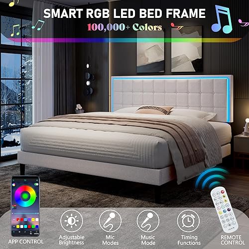 Miniatura 11 de Base de cama tamaño King con cabecera LED, plataforma tapizada con botones de lino con estación de carga USB, fuerte soporte de listones de madera,