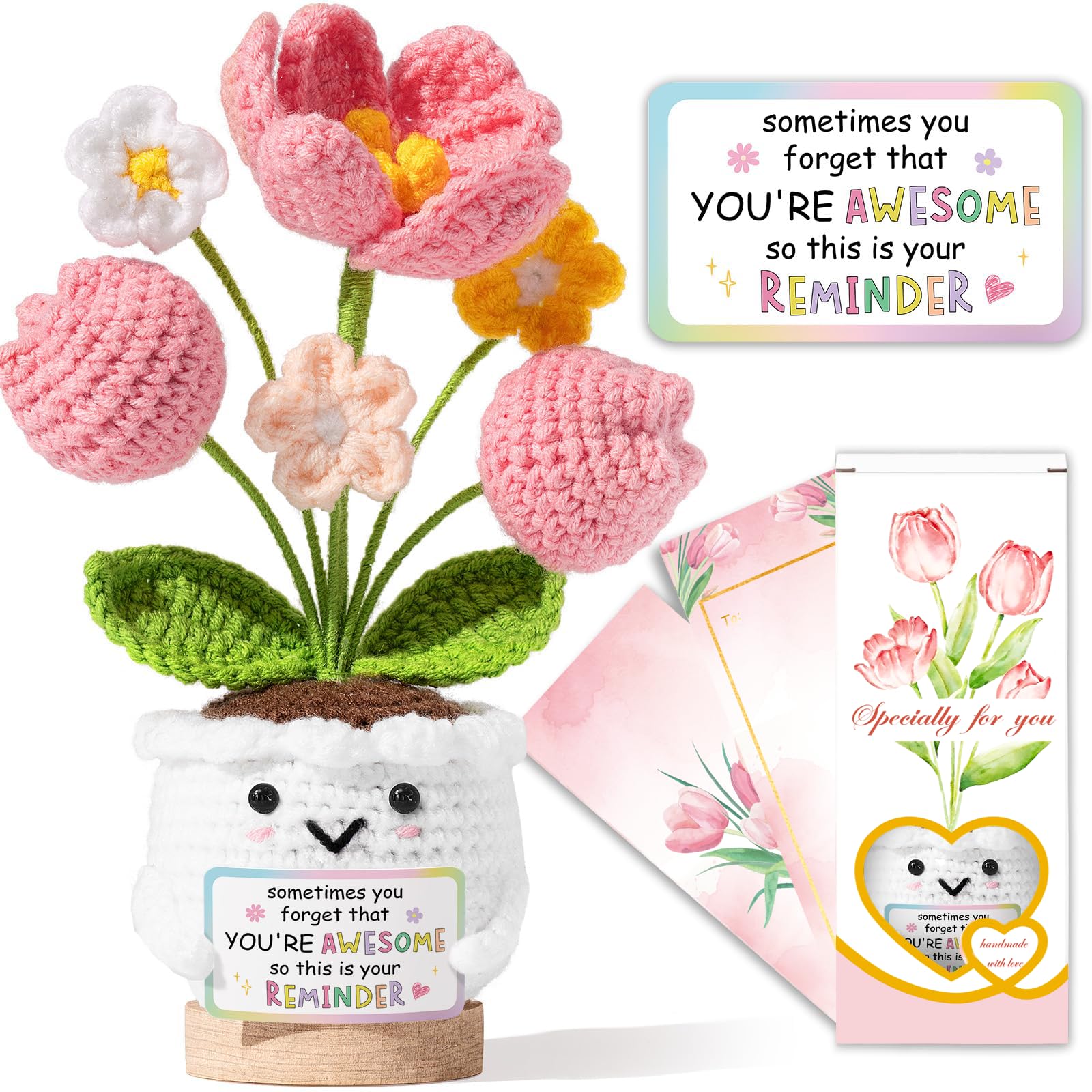XIESUNUN Emotional Support Crochet Positive Tulip Flower Inspirational Gifts for Women,Girl,Leavers Gifts for Work Colleagues,Sometimes You Forget You're Awesome Exam Good Luck