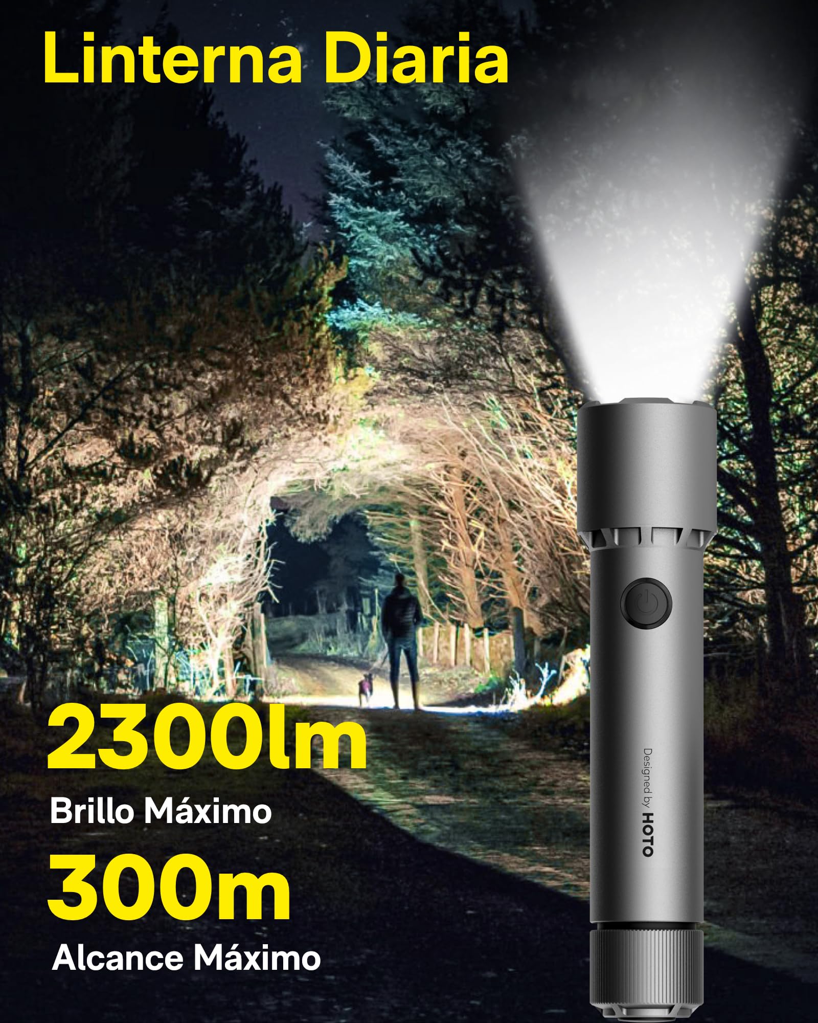 HOTO Linterna Táctica, Linterna Led Recargable de 2300 Lúmenes Altos | Haz Largo de 300 Metros, IP68 Impermeable, Linterna Recargable con Modo Táctico para Supervivencia, Emergencias