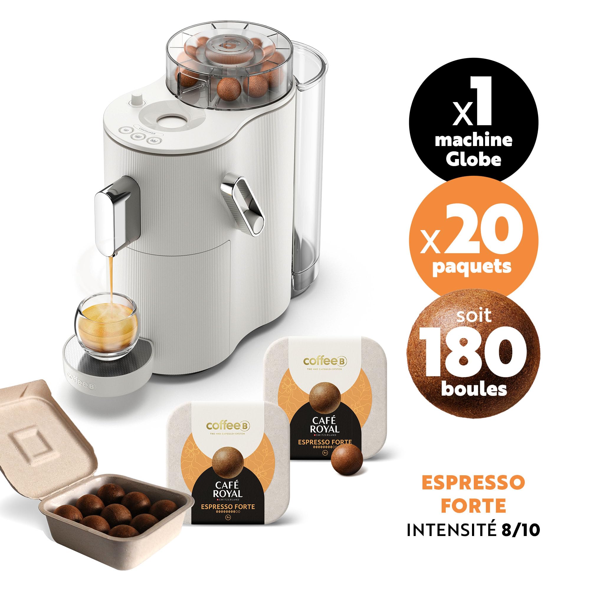 CAFE ROYAL SWITZERLAND PROFESSIONAL Machine à Café CoffeeB Globe Blanc 1.3L avec 180 Coffee Balls Expresso Forte - 100% Compostables