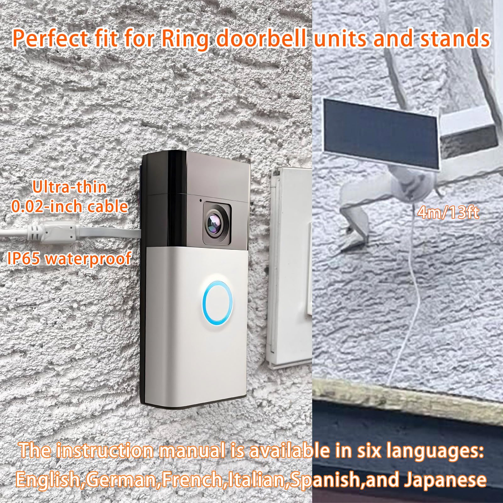 Panneau solaire 3W avec batterie 4000mAh intégrée, port USB-C,IP65, câble de chargement de 13,2 pieds,compatibilité parfaite avec la sonnette Ring Battery Doorbell (2024 Release), pas besoin d'enlev