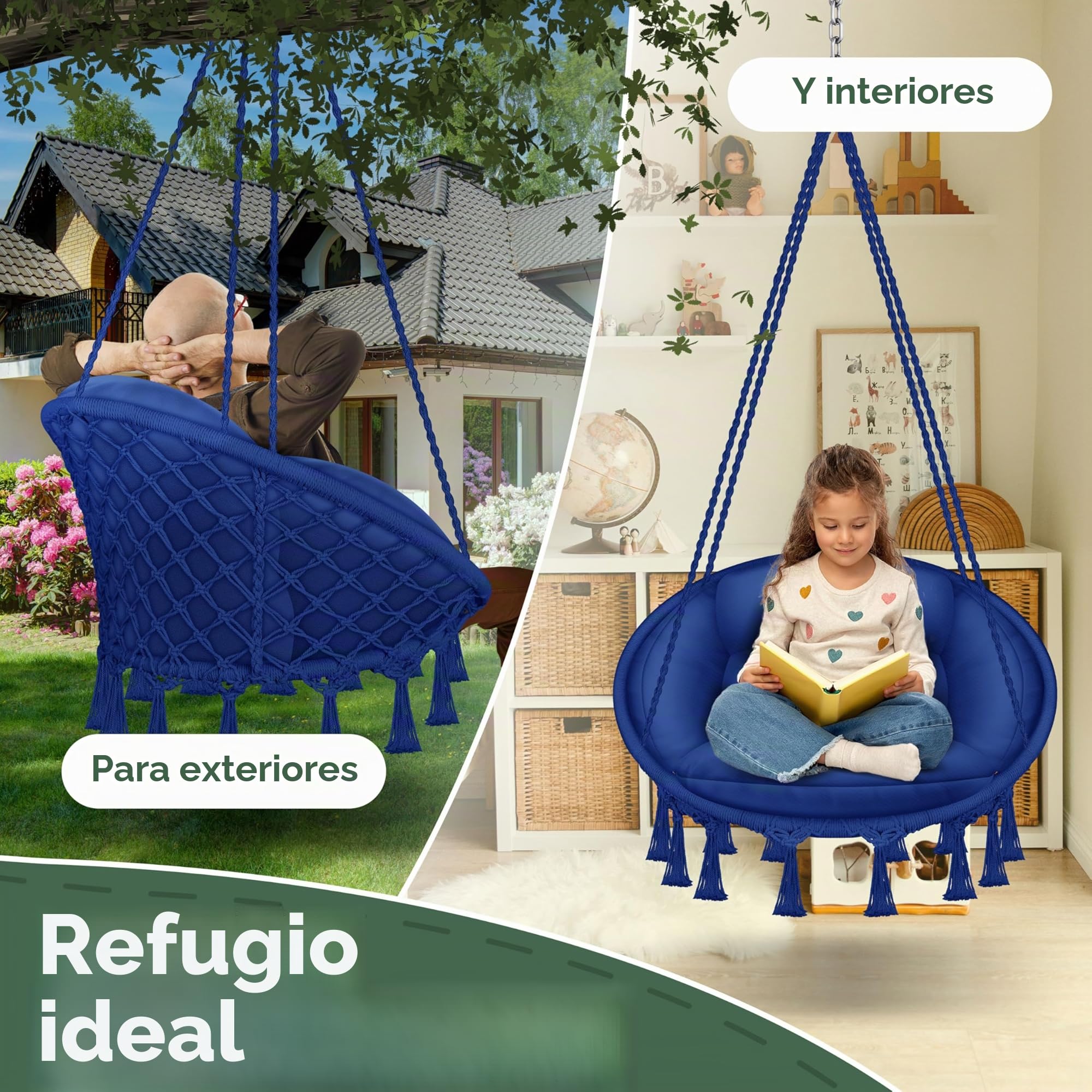 KESSER® Silla Colgante 150kg con 2 Anillas de Acero Cojín Trenzado Flecos Hamaca Columpio Cesta Colgante Jardín Interior Resistente a la Intemperie e Impermeable, Azul Marino