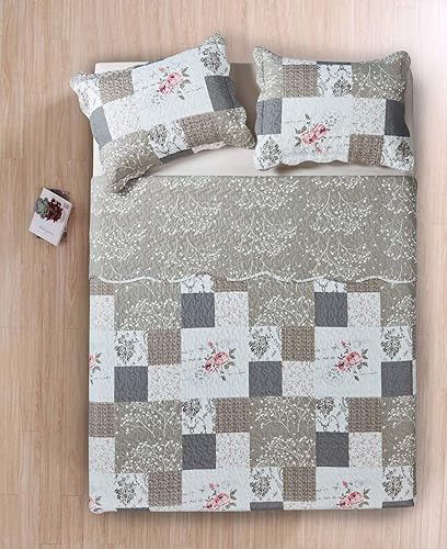 Miniatura 2 de Brilliant Sunshine Rose and Toile Patchwork, 3-Piece Quilt Set, Reversible Bedspread, Lightweight Coverlet, All-Season, Queen, Rose Gray
