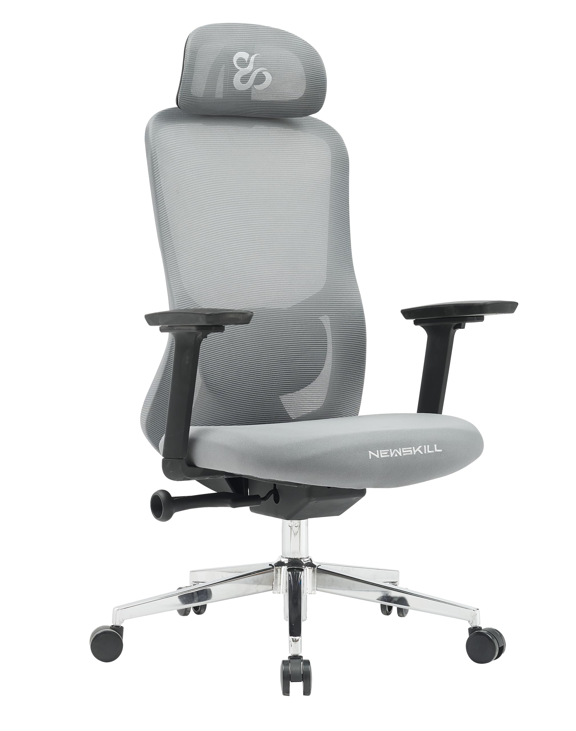 NEWSKILL NUE Silla ergonómica con reposabrazos 3D, Base metálica cromada y Respaldo de Malla Transpirable - Color Gris