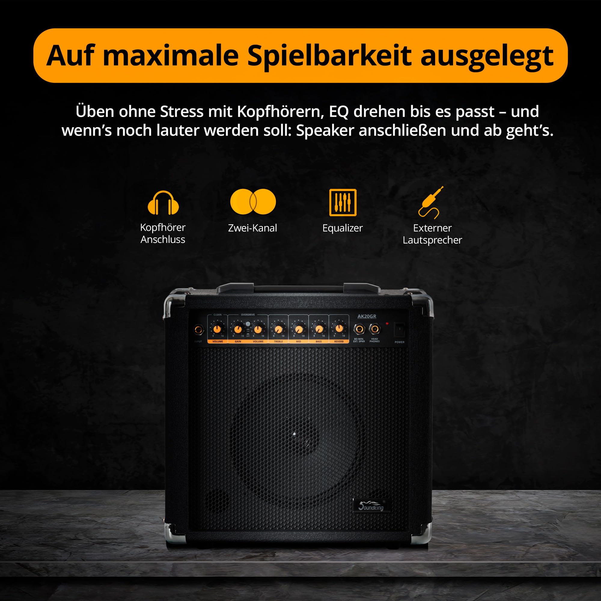 Soundking AK20-GR Amplificatore Chitarra 60W - Equalizzatore 3 Bande - Speaker 8" - 2 Canali Clean/Overdrive