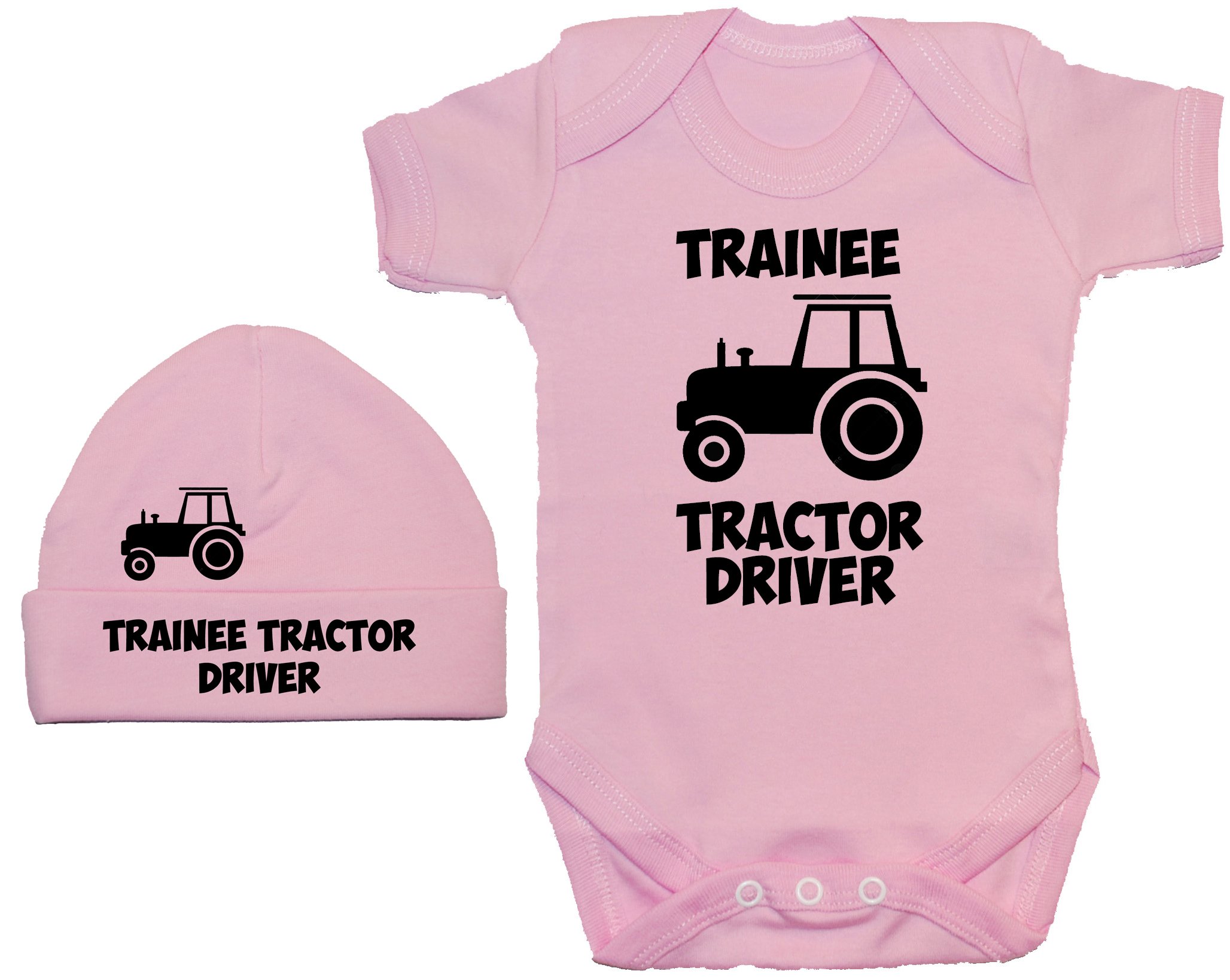 Acce Products Pink Trainee Tractor Driver Baby Bodysuit/Romper & Beanie Hat - 3-6 Months