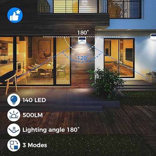 Miniatura 7 de Peasur Luces solares con sensor de movimiento para exteriores, paquete de 2 140 luces LED para valla, impermeable, marco blanco, iluminación de