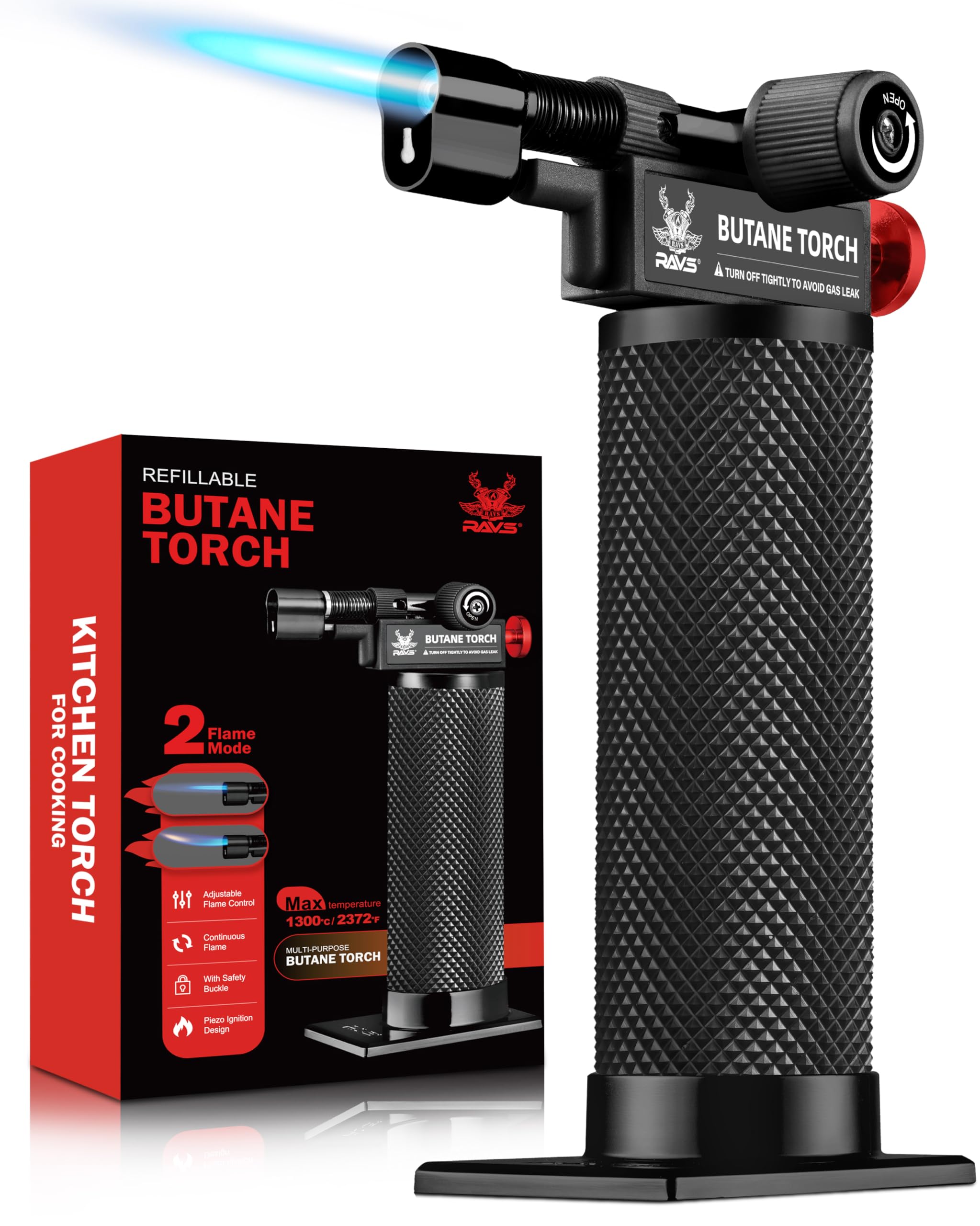 RAVS Butane Torch Lighter, DUAL Flame Mode Kitchen Torch with Adjustable Flame, Refillable Creme Brulee Torch for Baking, Cooking, Metal Body Soldering Torch, Black/Red, Butane Gas Not Included