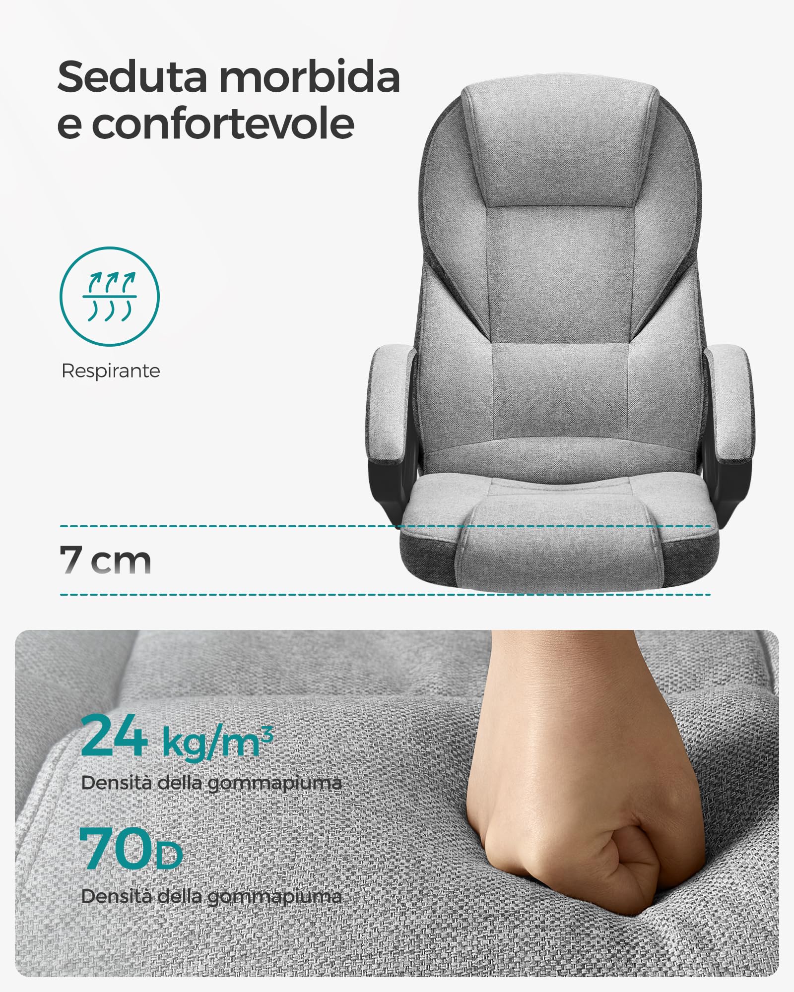 SONGMICS Ergonomica, Poltrona Direzionale, Sedia Girevole e Altezza Regolabile, da Scrivania in Studio e Ufficio, con Rotelle, Grigio Tortora OBG022G01, 7370(112-122) cm