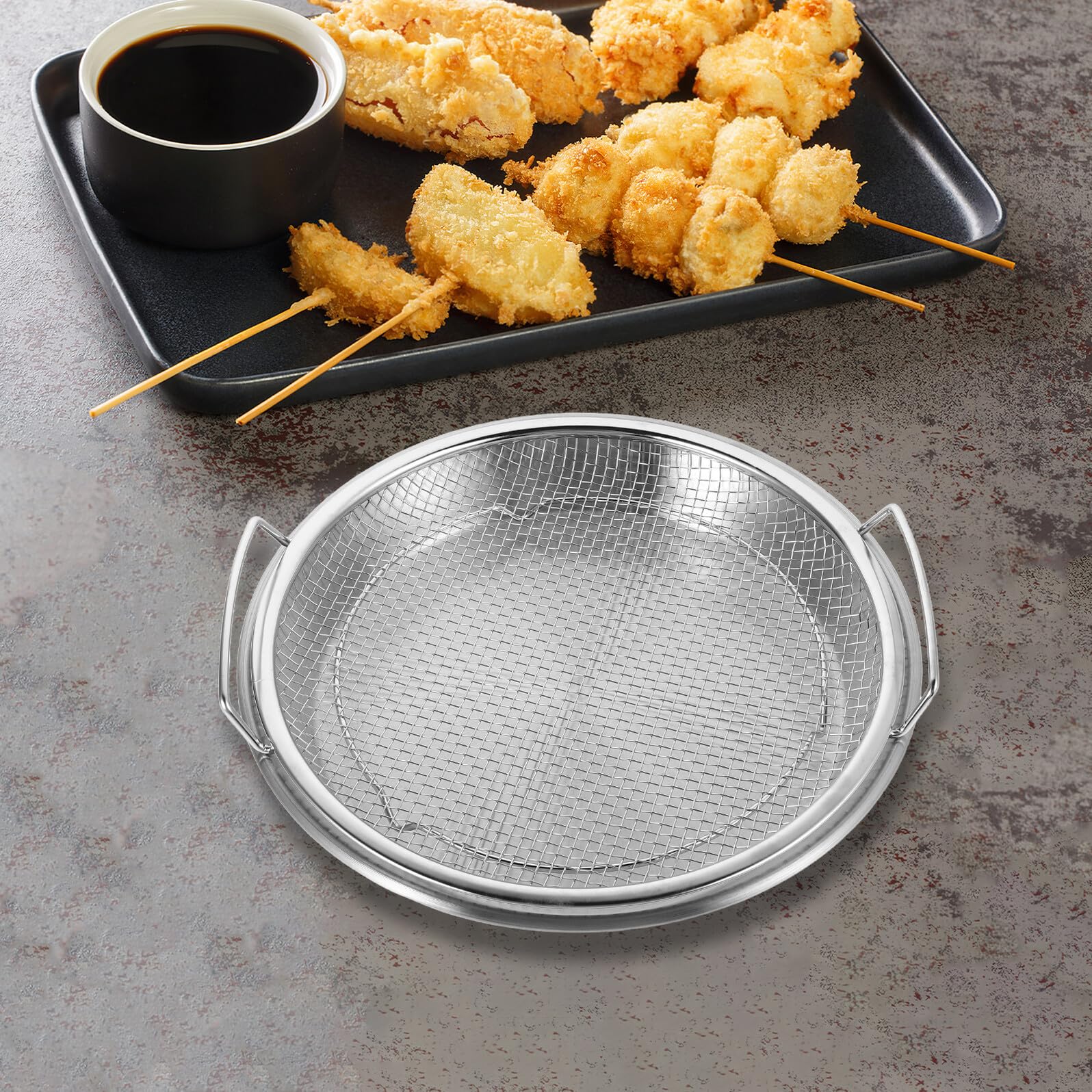 VANZACK Edelstahl Küchensieb mit Großem Fassungsvermögen und Abtropfschale Frittiersieb Satz zum Effizienten Abtropfen von Öl Beim Batch Cooking und Zubereiten Großer Mahlzeiten