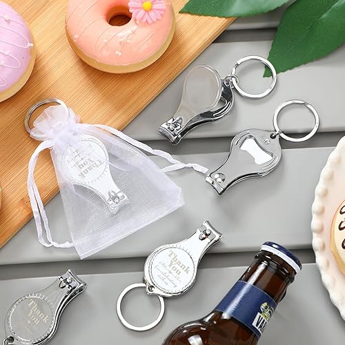 Miniatura 5 de Llavero con clip de uñas, abrebotellas, regalos de boda, llavero plateado con cordón blanco, bolsa de organza para boda, baby shower, fiesta,