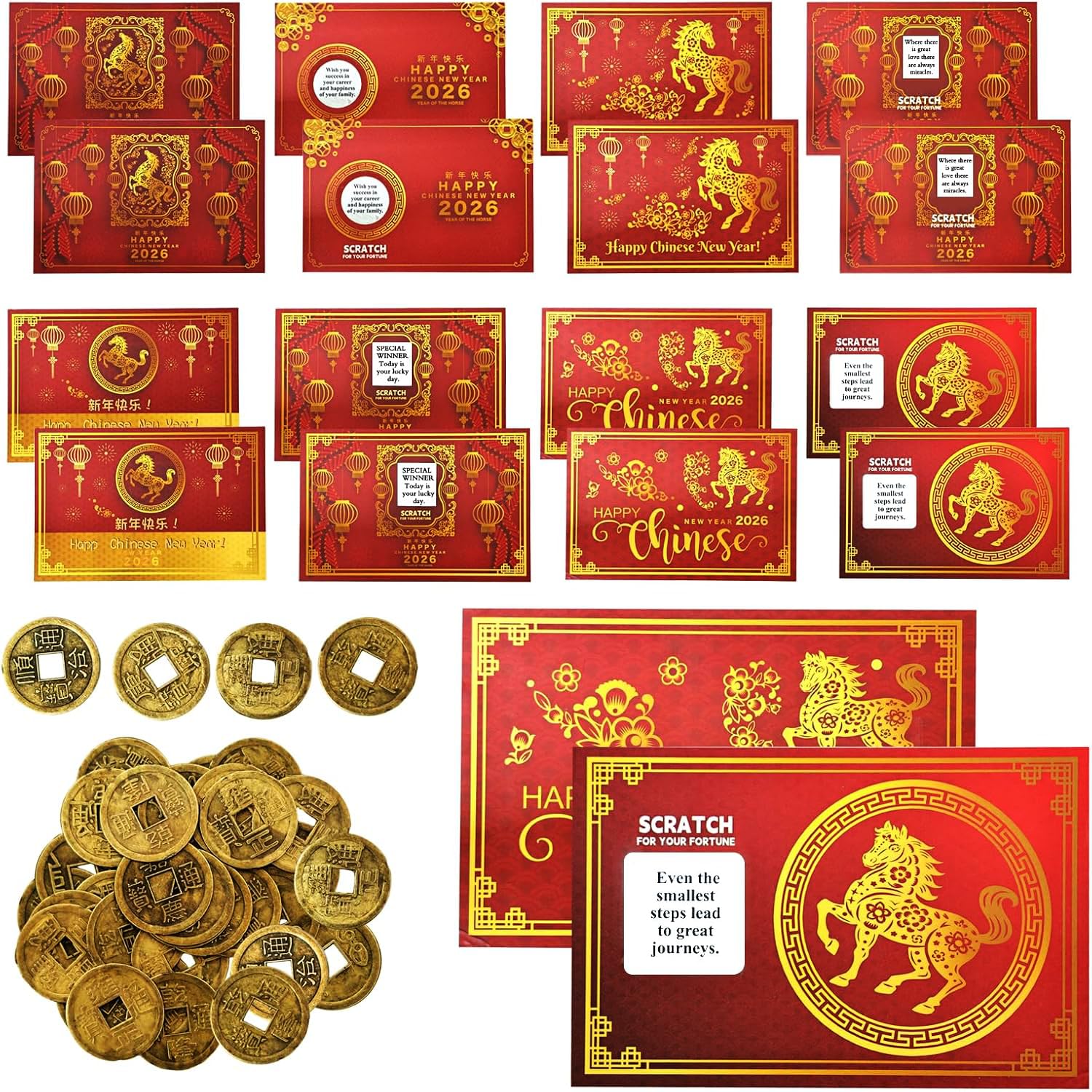 Photo 1 of 130 PCS Chinese New Year 2026 Scratch off Fortune Cards with 30 Feng Shui Coins Lunar New Year Fortune Cards for 2026 Years of The Horse Party Games Spring Festival Party Celebrations Activities