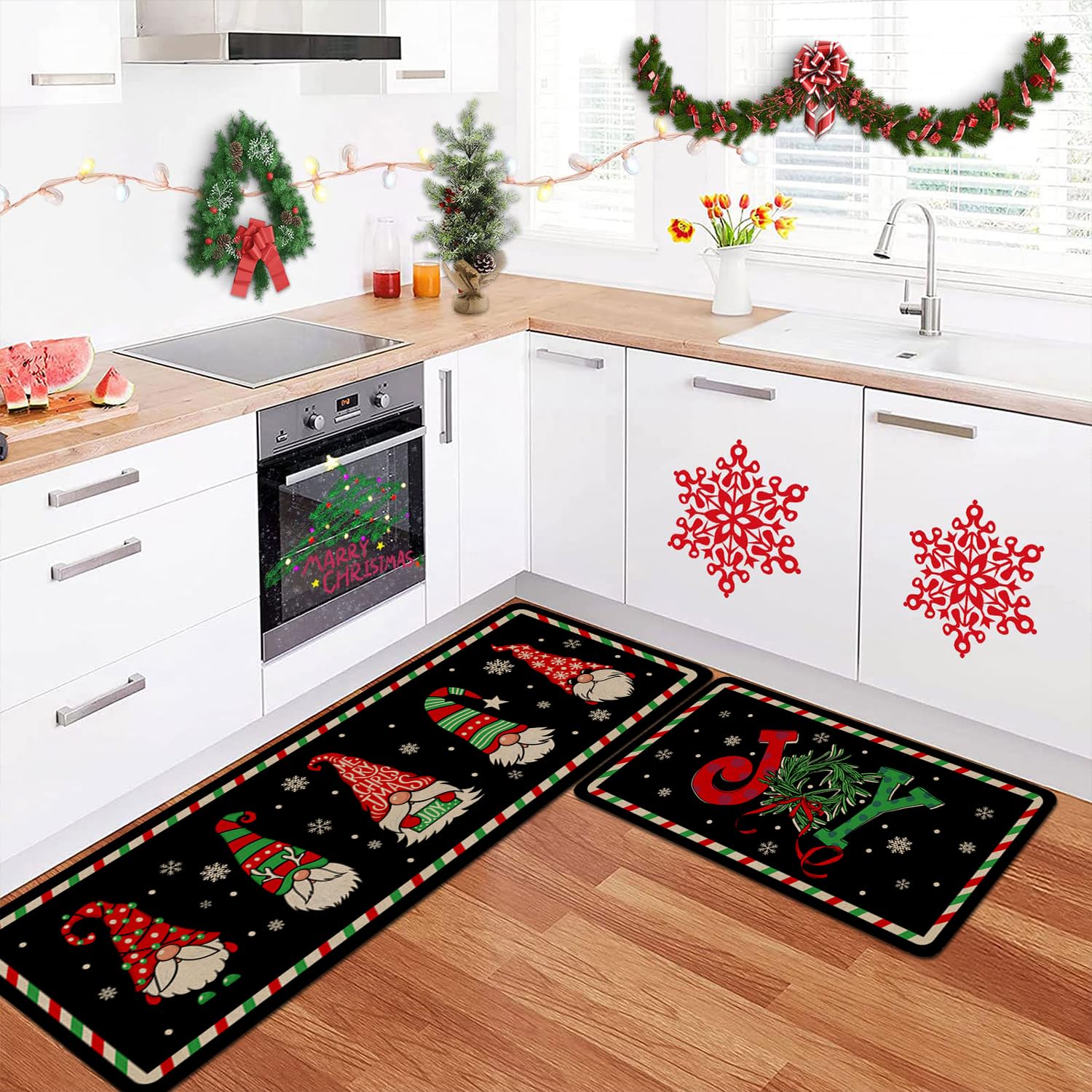 Eikunn Christmas Kitchen Rugs Sets of 2,Black Gnomes Xmas Joy Kitchen Mat for Floor, Xmas Winter Holiday Non-Slip Washable Kitchen Sink Mats Kitchen Decor Doormat(17x30In)+Runner Rug(17x47In)