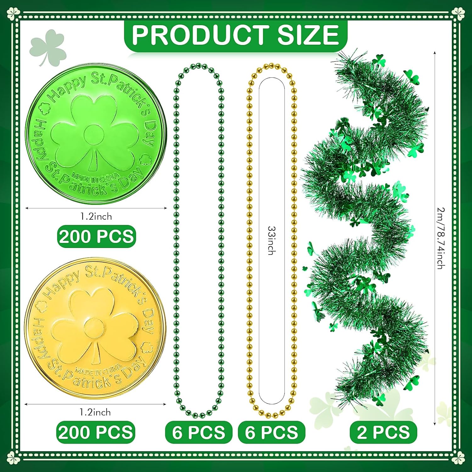 Sratte 615 Pcs St Patrick's Day Candy Cauldron Kettle with Handle Set Pot of Gold Shamrock Gold Green Coin Gem Leprechaun Clover Necklace Lucky Plastic Jewelry Treasure (Black, 12.6 x 7.09 in)