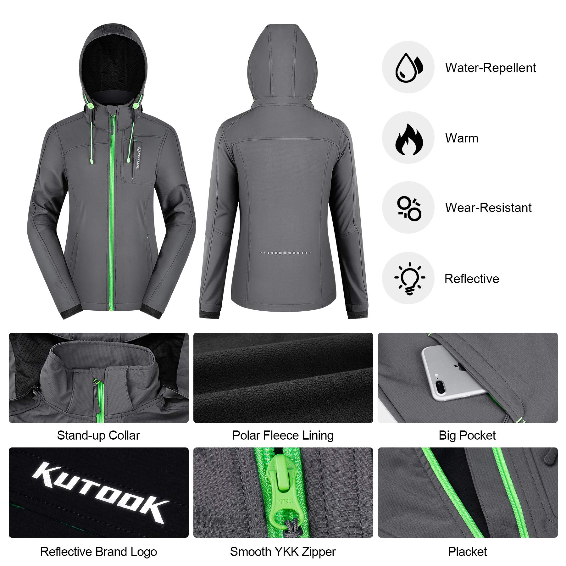 KUTOOK - Chaqueta de forro polar para mujer, resistente al viento, para senderismo, correr, con capucha para deportes al aire libre - Gris - XX-Large