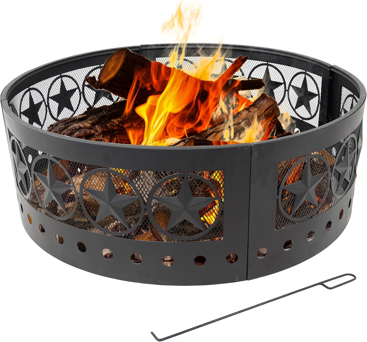 Sunnydaze 36-Inch Outdoor Fire Pit Ring with Poker - Round Heavy-Duty Steel Fire Ring for Camping or Backyard - 4-Star - 12" H